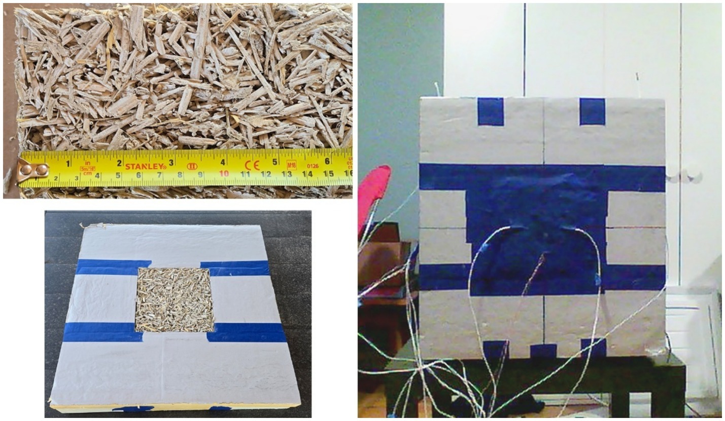 Three images show different views of a project setup. Top left shows the finished hempcrete with hemp hurd. Bottom left shows a hempcrete test specimen surrounded by an insulation guard, prepped for testing. Right images shows the test specimen during thermal testing.