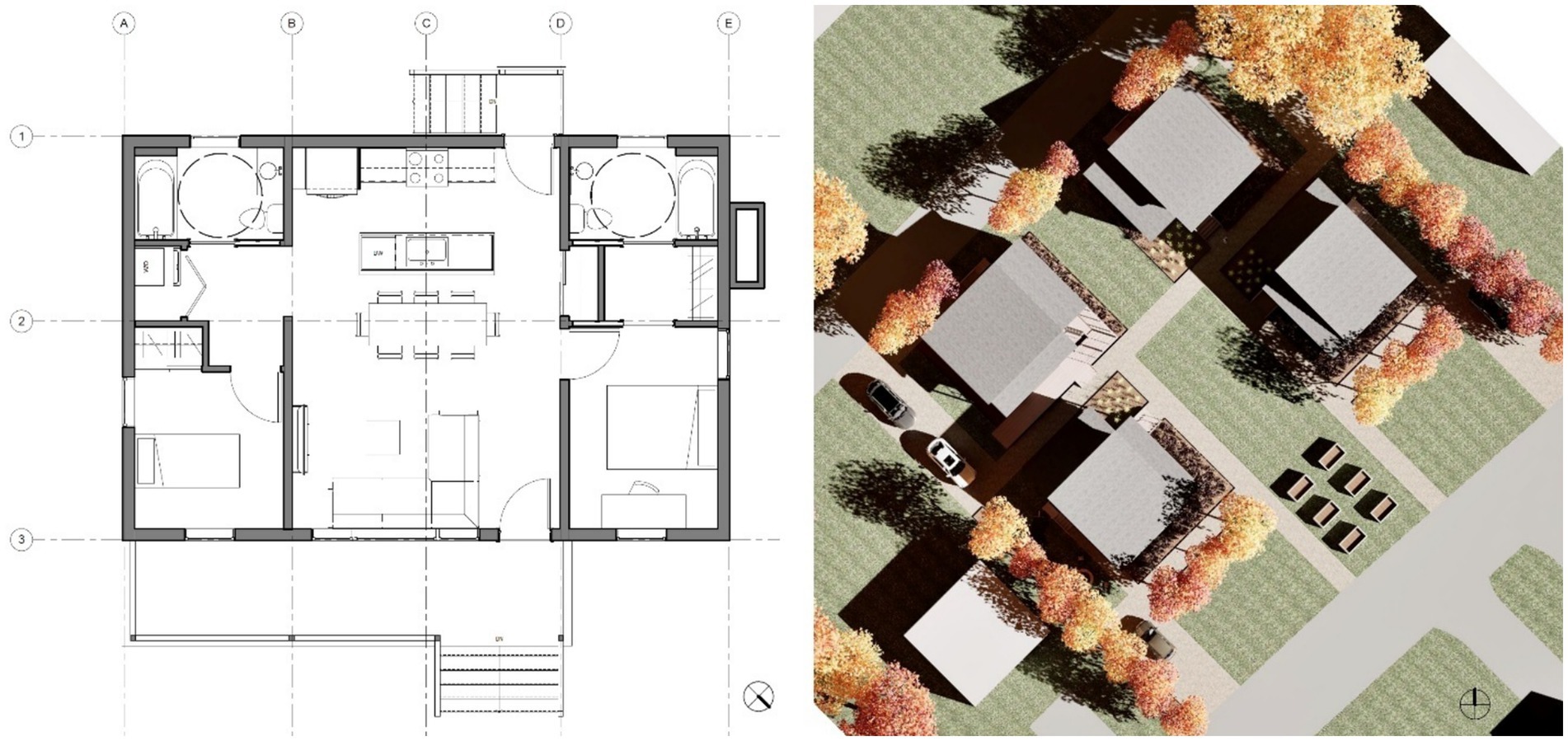 A house floor plan is shown on the left, detailing a layout with two bedrooms, two bathrooms, a kitchen, and a living area. On the right, a 3D aerial rendering displays four houses surrounded by trees, pathways, and parked cars, with grassy areas and garden plots.