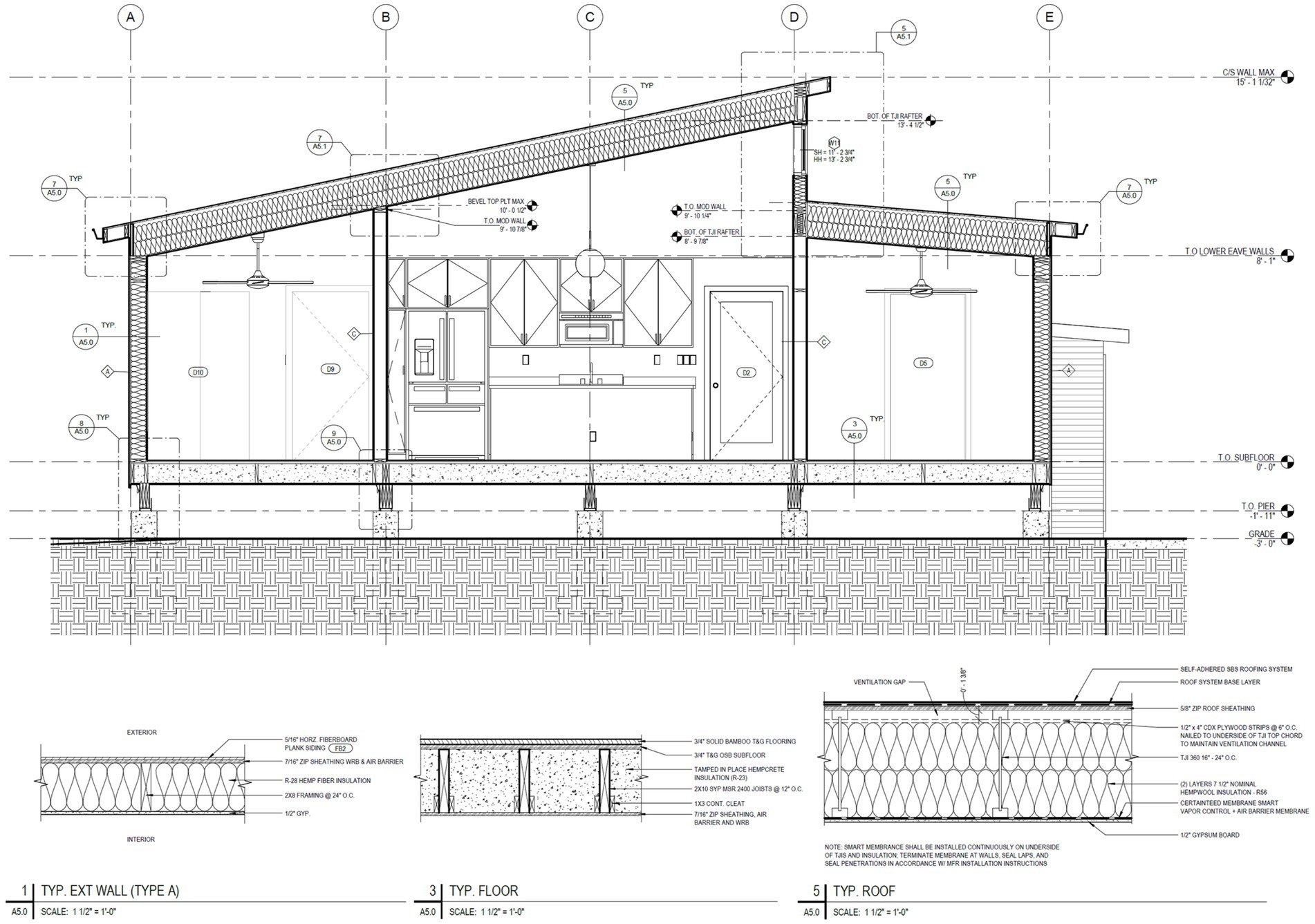 Architectural section drawing showing a house with a sloped roof, kitchen, and living areas. The drawing includes labeled dimensions and construction details for exterior walls, flooring, and roofing. Separate detailed sections illustrate the typical exterior wall, floor, and roof composition, specifying materials and insulation layers. Technical notes and scales are included.