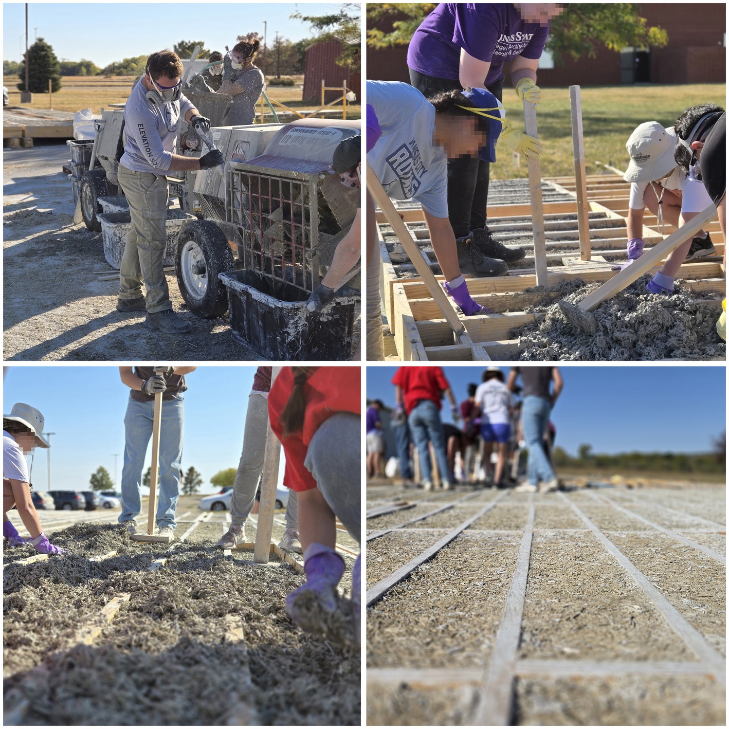 A collage of students involved in the process of mixing, placing, and tamping hempcrete in the floor of the ZCMH.