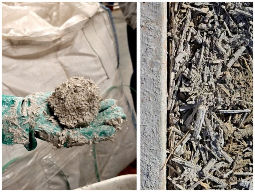 A gloved hand holds a ball of a fibrous, gray-hued material, with a large white bag in the background. On the right, a close-up shows the same fibrous material compressed into a flat surface.