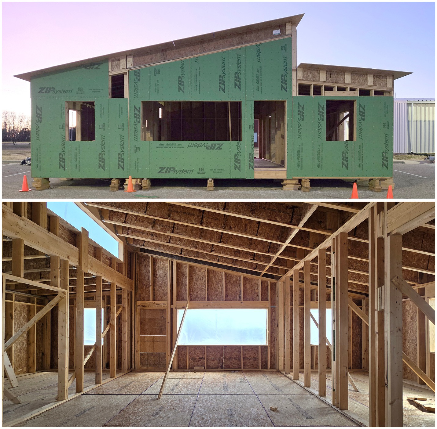 An interior and exterior view of the assembled shell of the ZCMH as it awaits transport to the build site in Ogden.