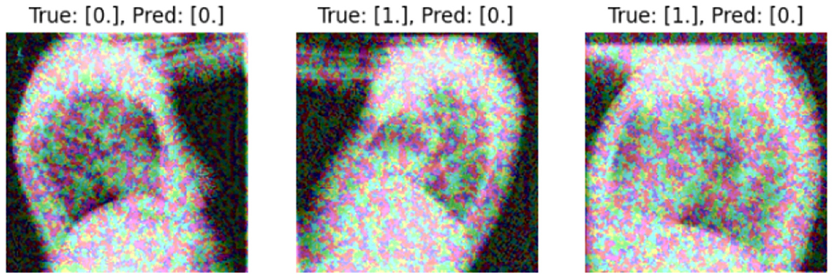Three images of a distorted shape with noise and multicolored overlay, each labeled with true and predicted values. The first shows true and predicted values of zero, the second true one and predicted zero, and the third true one and predicted zero.