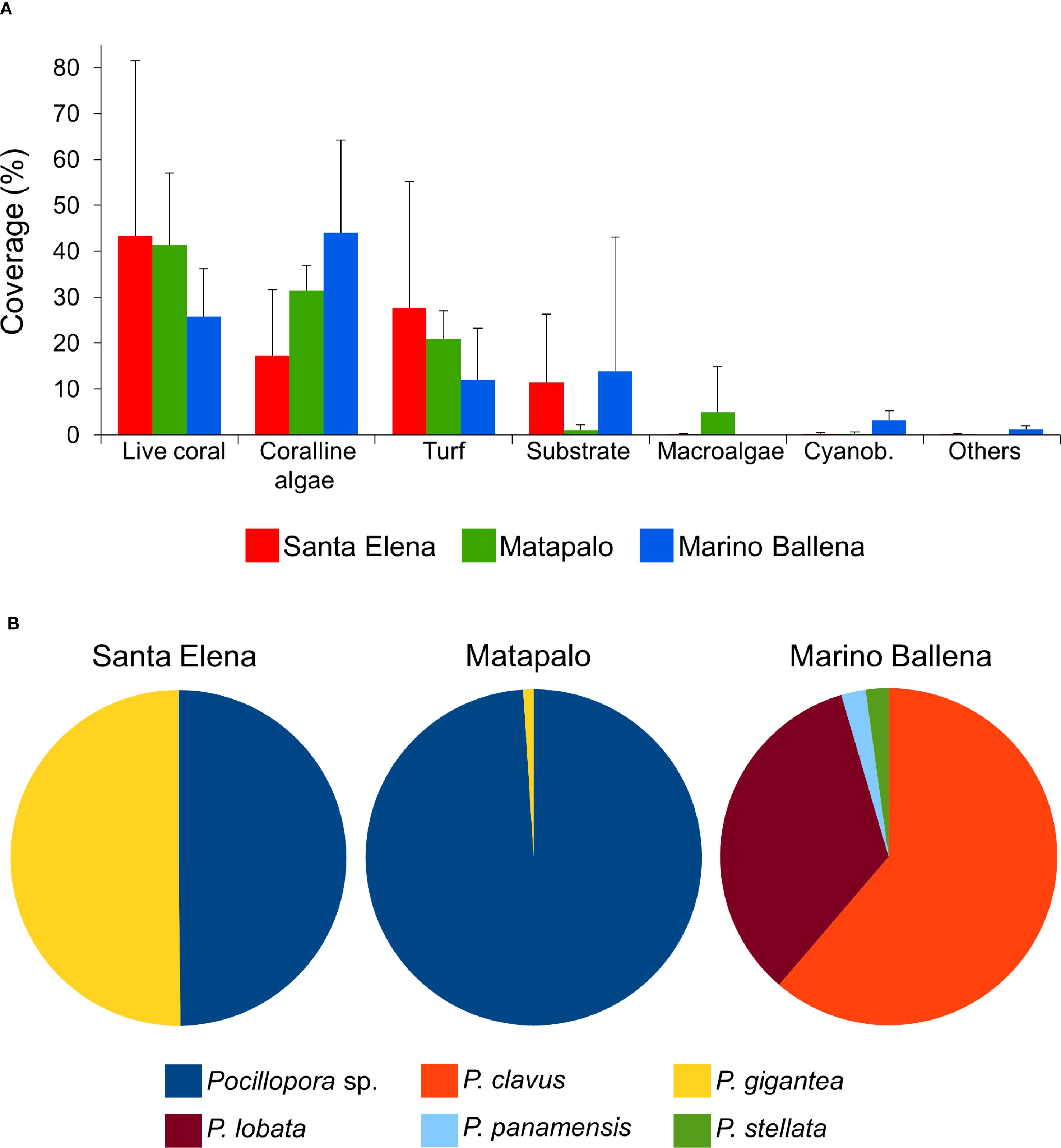 Graph A is a bar chart showing percentage coverage of different benthic categories across three locations: Santa Elena, Matapalo, and Marino Ballena. Graph B features three pie charts depicting the coral composition at three locations, with detailed color coding for each coral species.