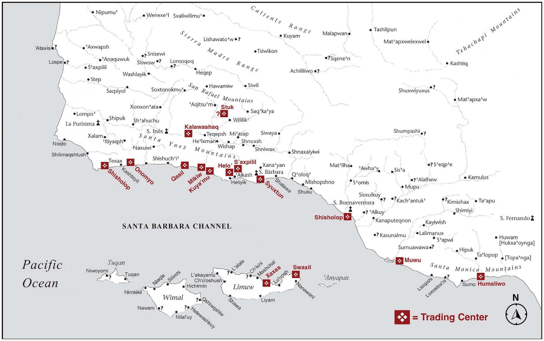 Map of Southern California displaying indigenous village names and locations. The map highlights several coastal villages, such as Kalawashaq, Humaliwo, andMuwu that are considered trading centers. Mountain ranges, lakes, and geographical areas likethe Santa Monica Mountains and Buena Vista Lake are indicated.