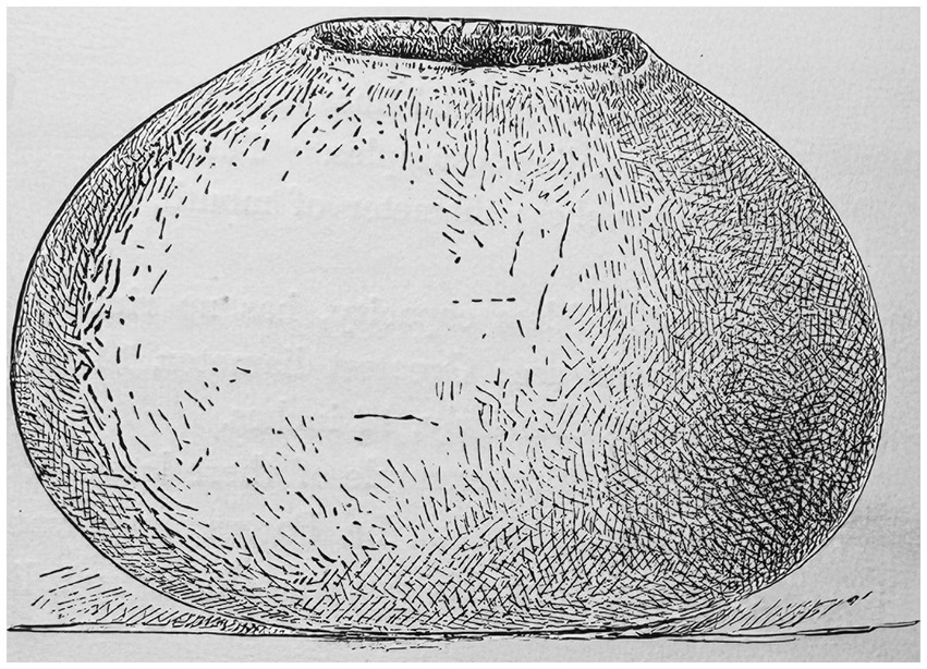 Illustration of a round, steatite olla with a narrow opening. The vessel is about 36 cm in diameter and 26 cm in height.