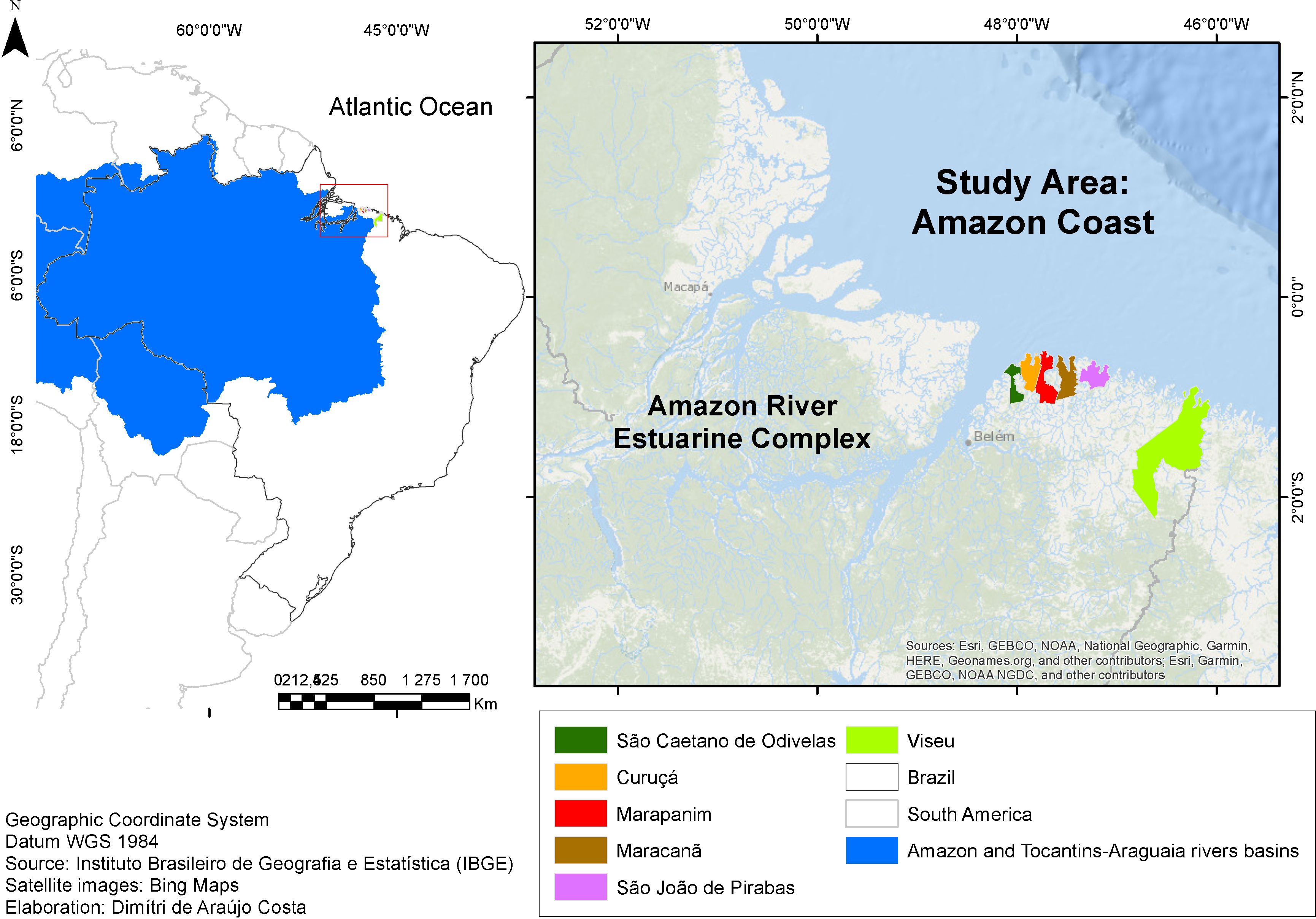 Map showing the Amazon Coast study area in Brazil, focusing on the Amazon River Estuarine Complex. Key areas, such as São Caetano de Odivelas, Curuçá, and Marapanim, are marked with different colors. Brazil is highlighted in blue on the left, with the study area outlined in a red rectangle on the right. The Atlantic Ocean is labeled at the top. A legend below indicates area names corresponding to color-coded regions.
