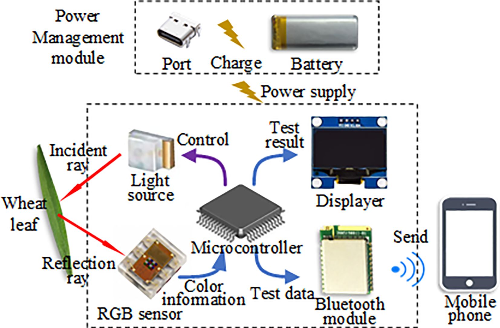 Diagram illustrating a system for analyzing a wheat leaf using a microcontroller. A light source emits an incident ray on the wheat leaf, reflecting rays to an RGB sensor. The microcontroller controls the process and receives color information to display test results on a screen. A Bluetooth module sends test data to a mobile phone. A power management module with a port and battery supplies power.