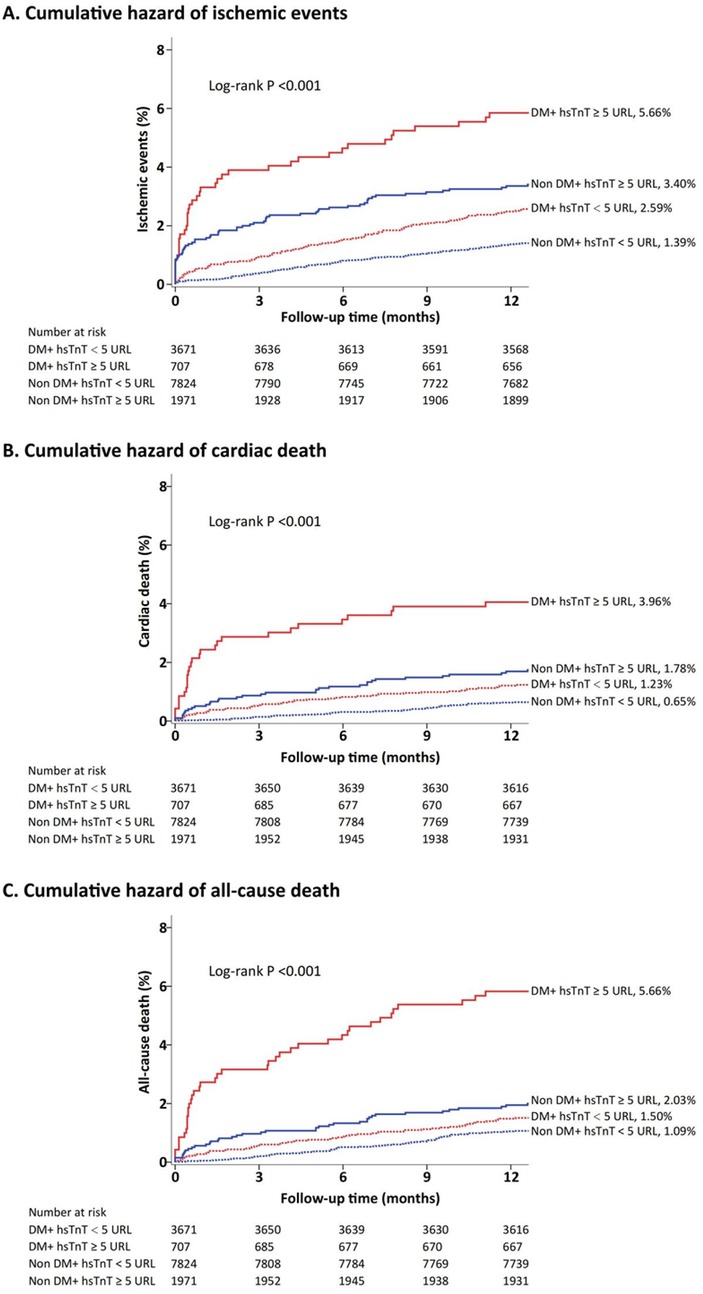 Cumulative hazard graphs for ischemic events (A), cardiac death (B), and all-cause death (C) in patients. Each graph shows different hazard rates over a twelve-month follow-up period. Lines represent different groups: DM+ hsTnT ≥ 5 URL (red), Non DM+ hsTnT ≥ 5 URL (blue), DM+ hsTnT < 5 URL, and Non DM+ hsTnT < 5 URL. Log-rank p-value is < 0.001, indicating statistical significance.