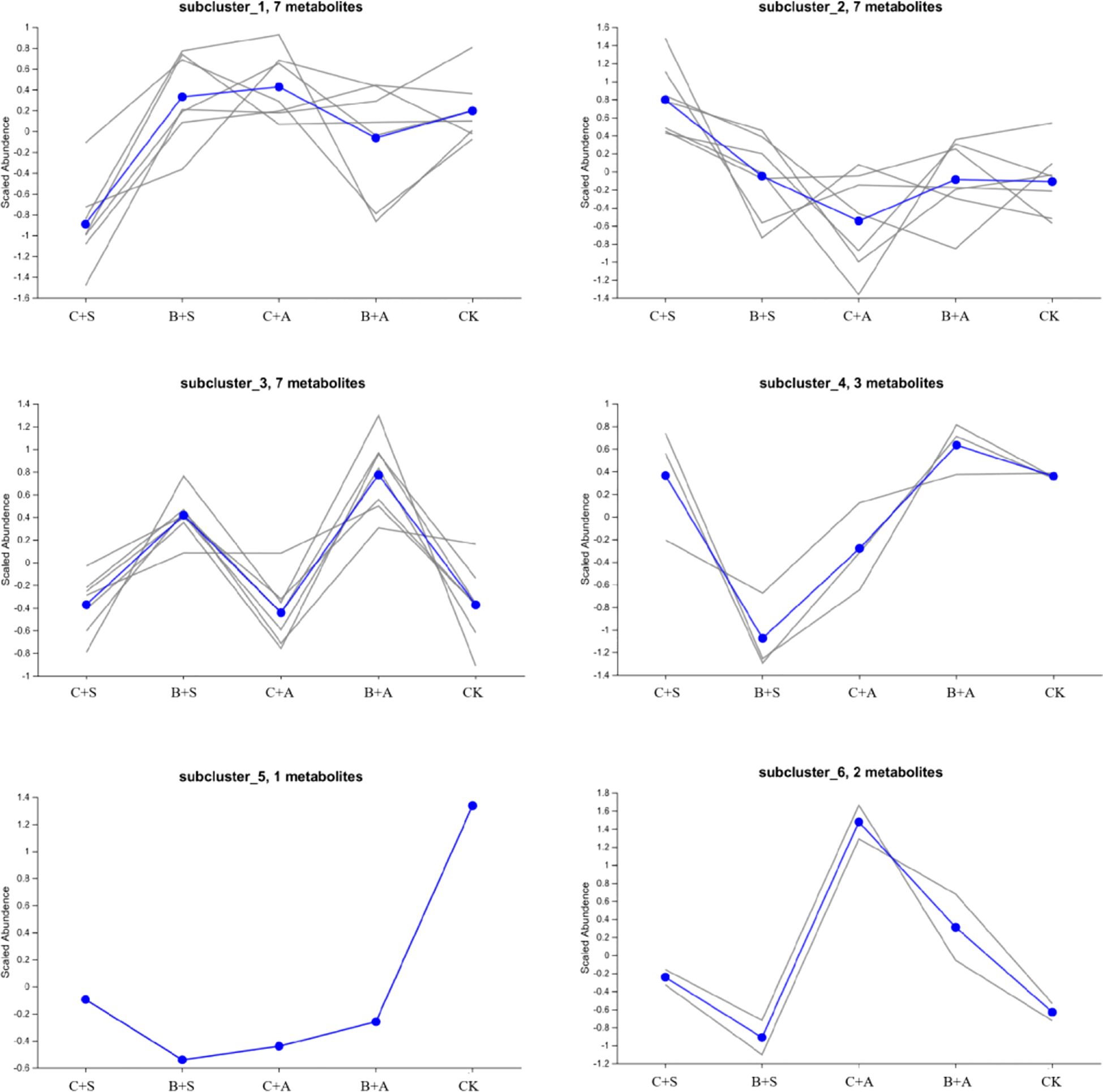 Six line graphs show scaled abundance of metabolites in different subclusters. Each graph contains a blue line with blue dots representing data points. Subclusters are labeled: 1 and 2 (both with seven metabolites), 3 (seven metabolites), 4 (three metabolites), 5 (one metabolite), and 6 (two metabolites). Trends vary across subclusters.