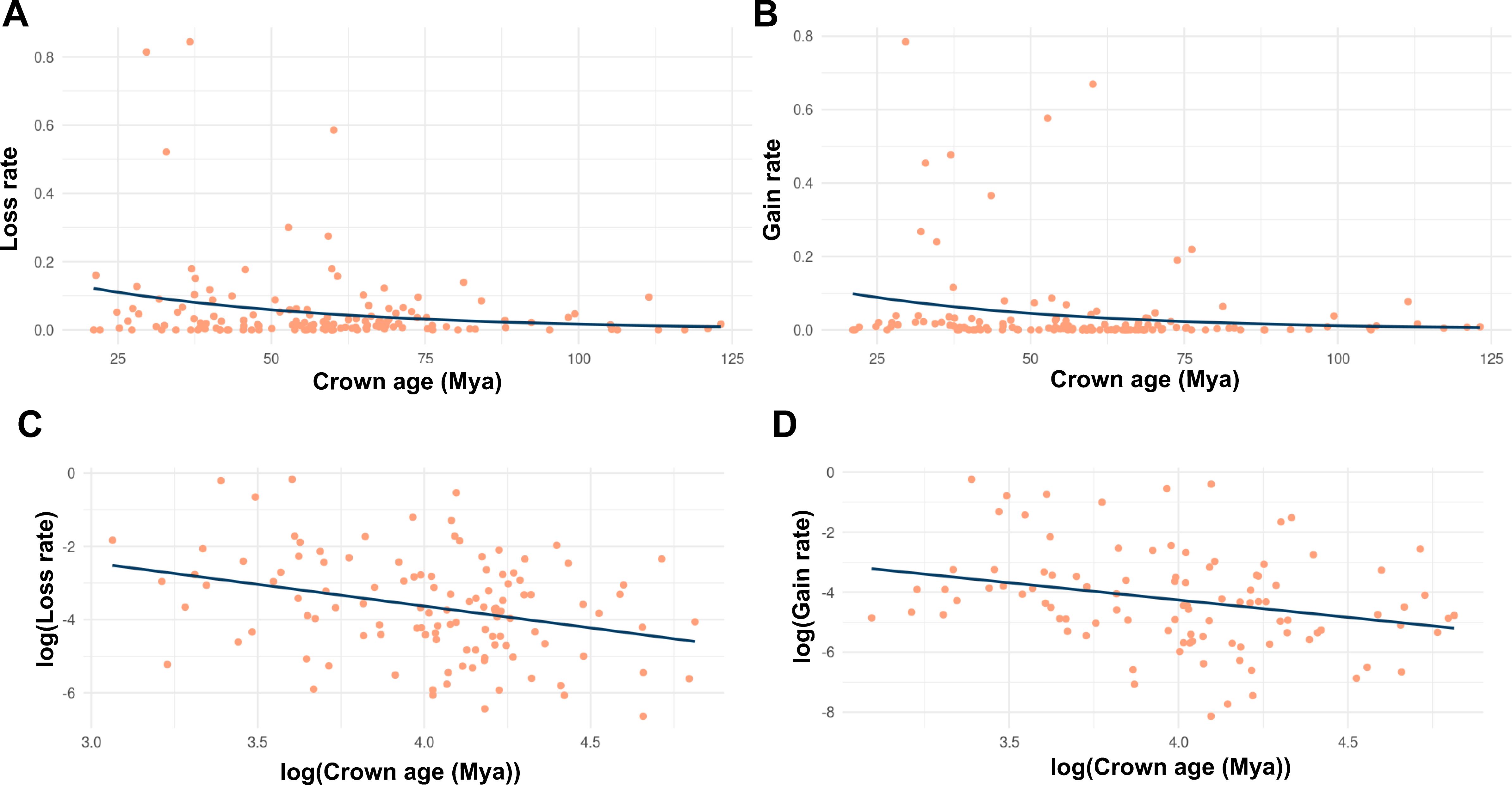 Scatter plot panels A to D show the relationship between crown age and loss or gain rates. Panel A displays loss rate versus crown age, with a slight negative trend. Panel B shows gain rate versus crown age, also with a negative trend. Panel C presents log-transformed loss rate against log-transformed crown age, exhibiting a negative trend. Panel D features log-transformed gain rate against log-transformed crown age, similarly showing a downward trend.
