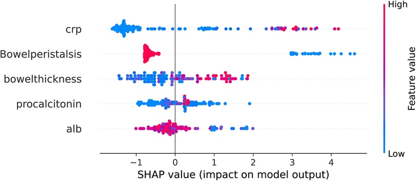SHAP value plot showing the impact of features on a model output. Features include crp, bowelperistalsis, bowelthickness, procalcitonin, and alb. Dots are colored on a gradient from blue to red, representing feature values from low to high. The x-axis indicates SHAP values, with a central line at zero, illustrating each feature's positive or negative impact.