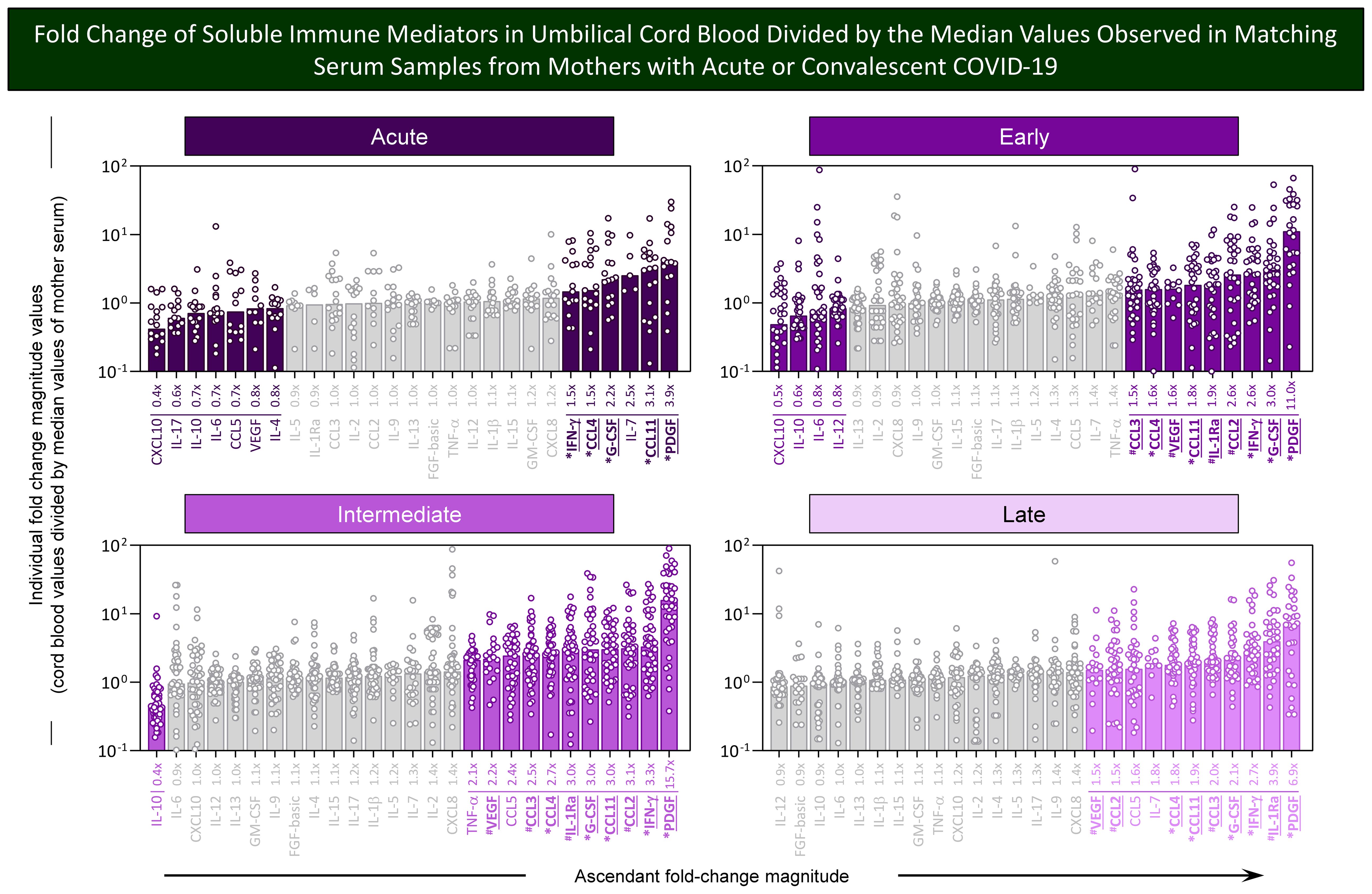 Bar graphs display the fold change of soluble immune mediators in umbilical cord blood, categorized into Acute, Early, Intermediate, and Late stages. Each graph shows ascendant fold-change magnitude on the x-axis and individual fold change magnitude on the y-axis. Variability and median values for markers like CXCL10, IL-10, and CCL3 are indicated, with highlighted significant changes. The data compares umbilical cord blood values to median serum values from mothers with acute or convalescent COVID-19.