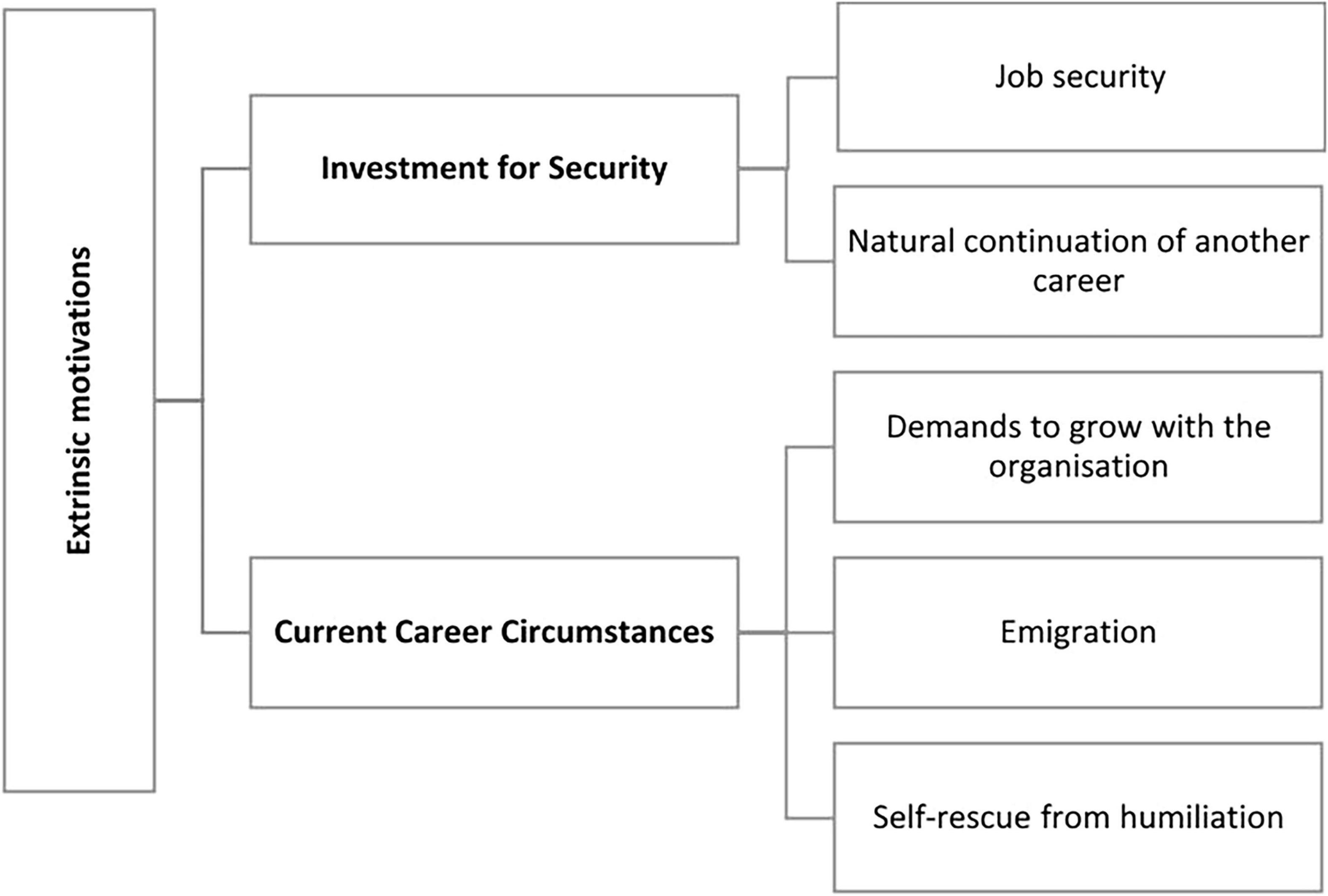 Bar chart shows a horizontal hierarchy created from a qualitative analysis of themes. On the left is a rectangle labelled Extrinsic motivation, which has branches leading to two graphs arranged one after the other in the middle of the figure. The upper graph, Investment for security, has two rectangles on the right with sub-themes: Job security and Natural continuation of another career. Out of the second center graph, “Current Career Circumstances,” lines are drawn to three rectangles on the right, arranged from top to bottom, with subtopics: Demands to grow with the organization, Emigration, and Self-rescue from humiliation.
