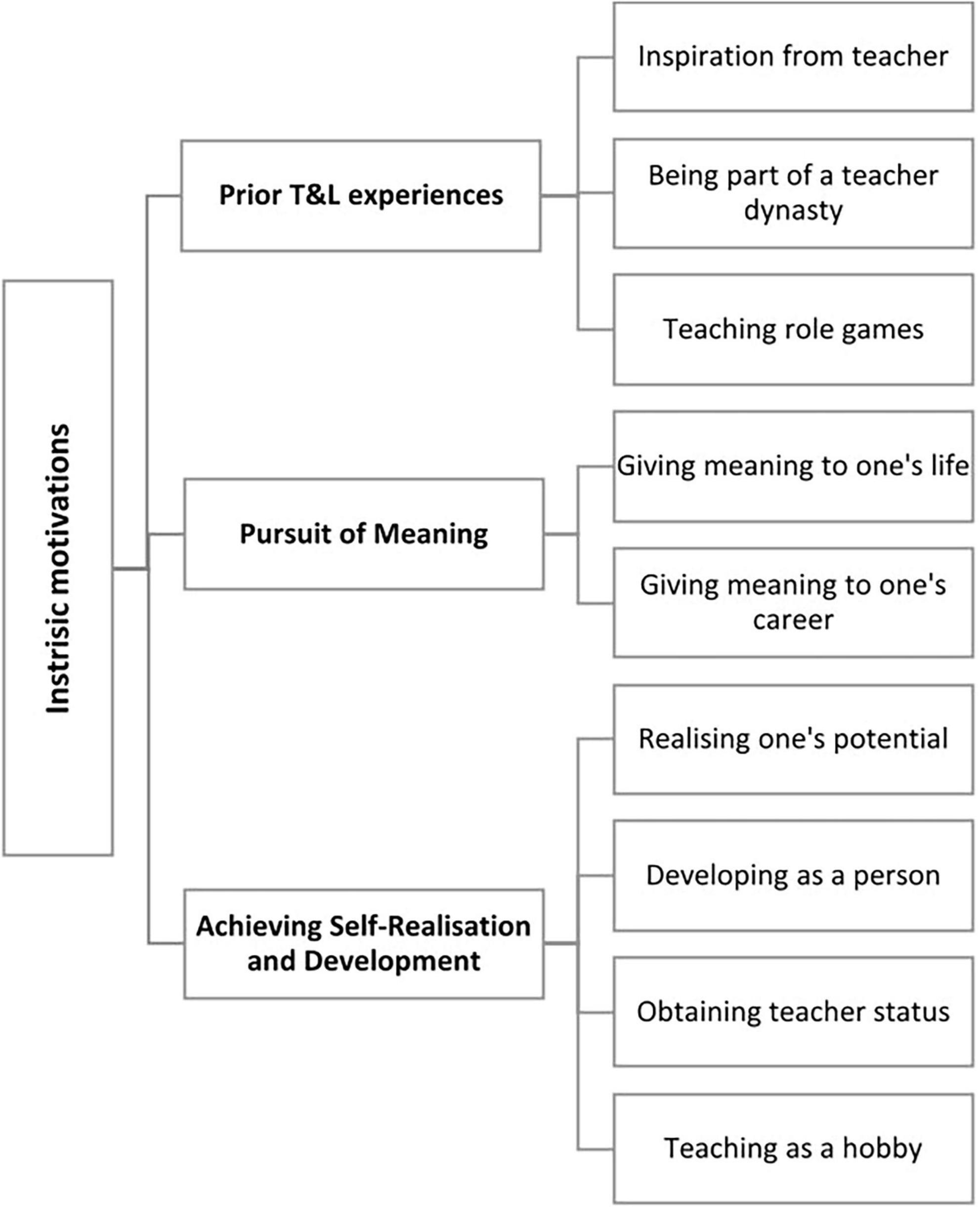 “Bar charts show a horizontal hierarchy based on a qualitative analysis of themes. On the left is a rectangle labeled Intrinsic motivation, from which lines extend to three graphs arranged one after the other in the middle of the figure. The top graph, Prior T&L experiences, has three lines on the right leading to sub-themes arranged in three rectangles. The graph below, Pursuit of meaning, has two sub-themes, and the last graph, Achieving self-realization and development, has four sub-themes.”