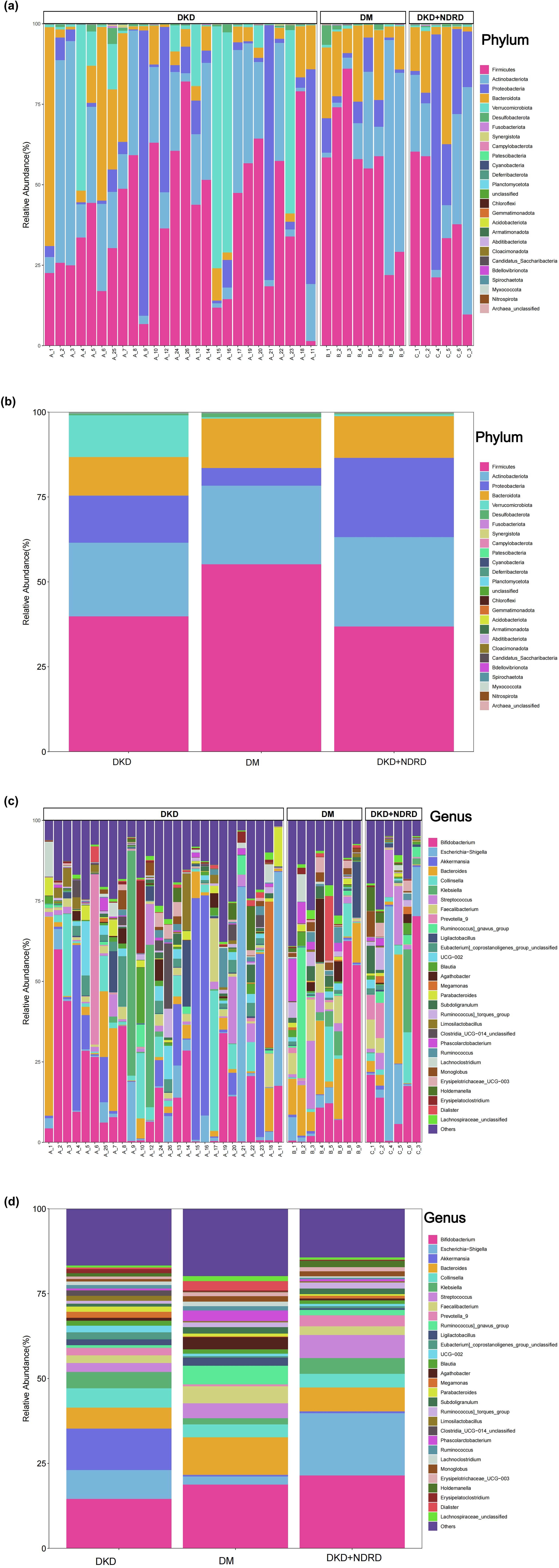 Grouped bar charts comparing microbial composition by relative abundance in three conditions: DKD, DM, and DKD+NDRD. Panels (a) and (b) show phylum-level composition with Panel (a) detailing individual samples and (b) summarizing groups. Panels (c) and (d) display genus-level composition with Panel (c) showing sample specifics and (d) grouping data. Key provided to the right for phyla and genera.