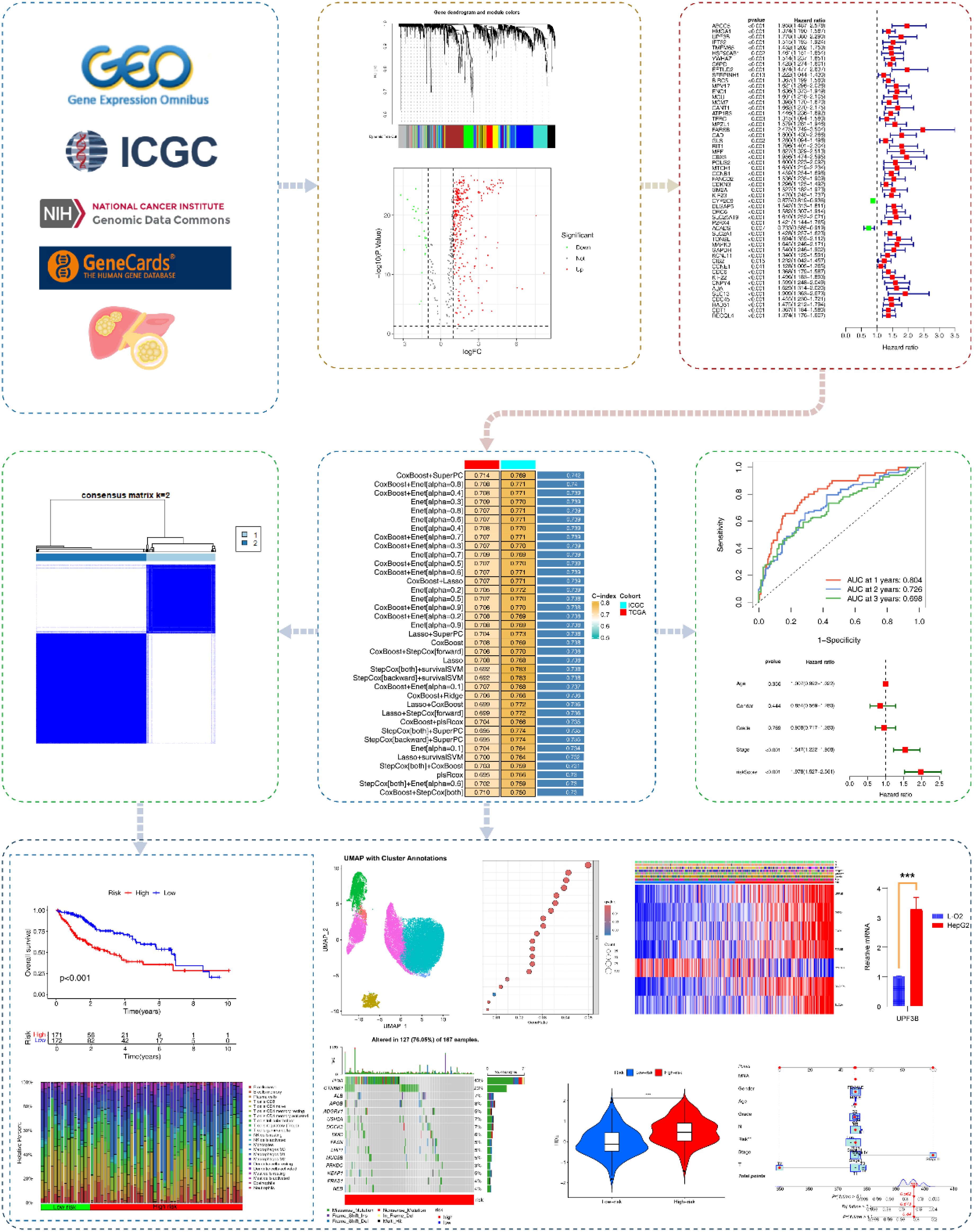 A collage of various data visualizations and logos related to gene expression analysis. Logos from databases like GEO, ICGC, and NIH are shown. Data plots include dendrograms, volcano plots, heatmaps, ROC curves, survival analysis plots, UMAP clustering, bar charts, and violin plots. These visualizations are used to analyze and interpret gene expression data, showing correlations, statistical significance, and potential biomarkers for research purposes.