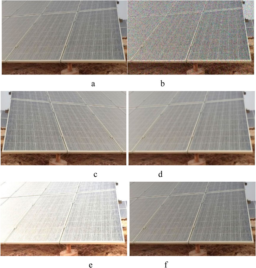 Examples of the augmented dataset. (a) A random image from the dataset.(b) Result of pepper noise added to the image.(c) Result of horizontal flip applied to the image.(d) Result of Gaussian noise added to the image. (e) Result of brighten augmentation applied to the image. (f) Result of dimmed augmentation applied to the image.