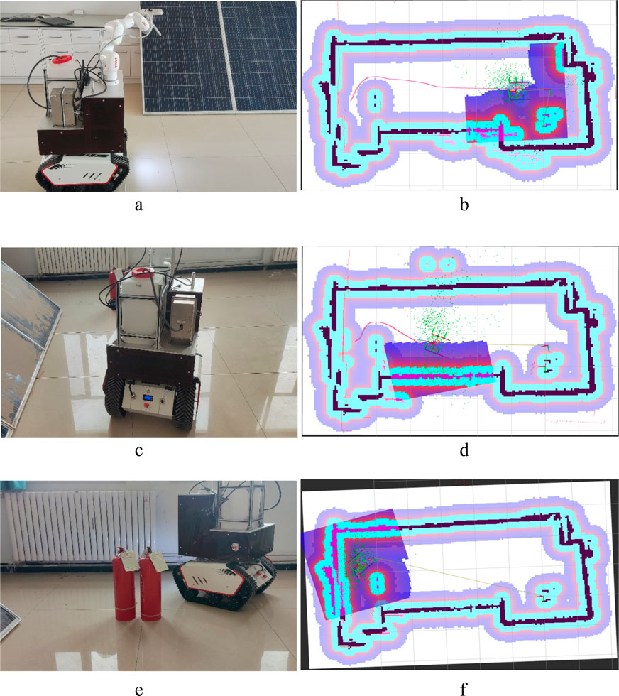(a) A mobile robot equipped with a robotic arm is positioned indoors with solar panels in the background. (b) A mapped digital layout with highlighted areas and pathways. (c) The rear view of the robot with visible mechanical components. (d) Similar digital layout showing movement paths and mapping details. (e) Two red fire extinguishers next to the robot on a tiled floor. (f) Another digital map showing pathways and coverage area.