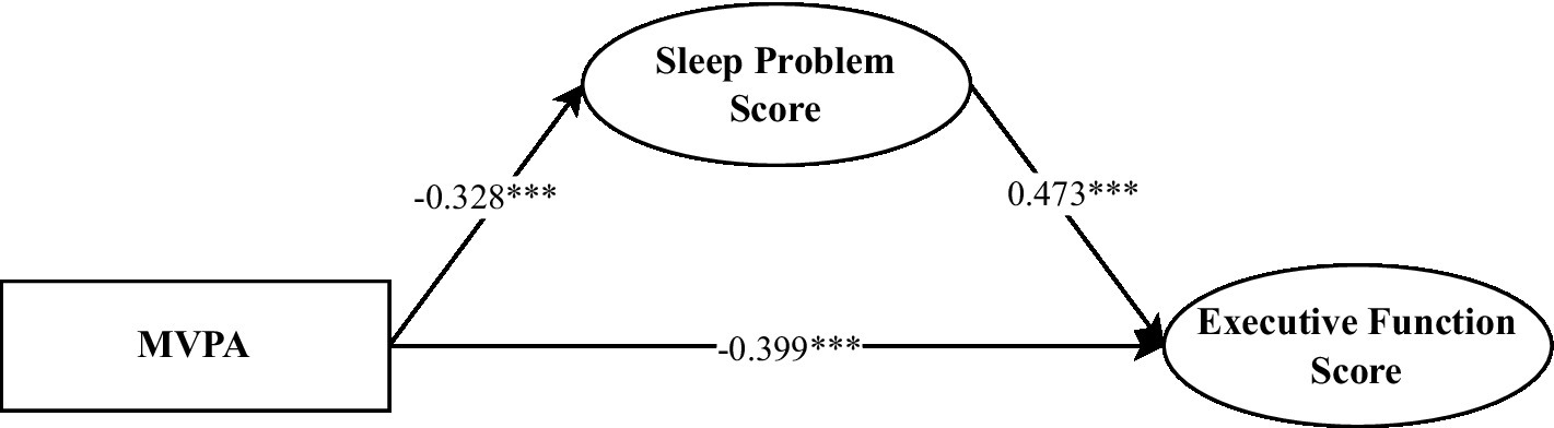 Diagram illustrating the relationships among MVPA, Sleep Problem Score, and Executive Function Score. MVPA negatively correlates with Sleep Problem Score (-0.328) and Executive Function Score (-0.399). Sleep Problem Score positively correlates with Executive Function Score (0.473). Arrows indicate the directions of relationships.