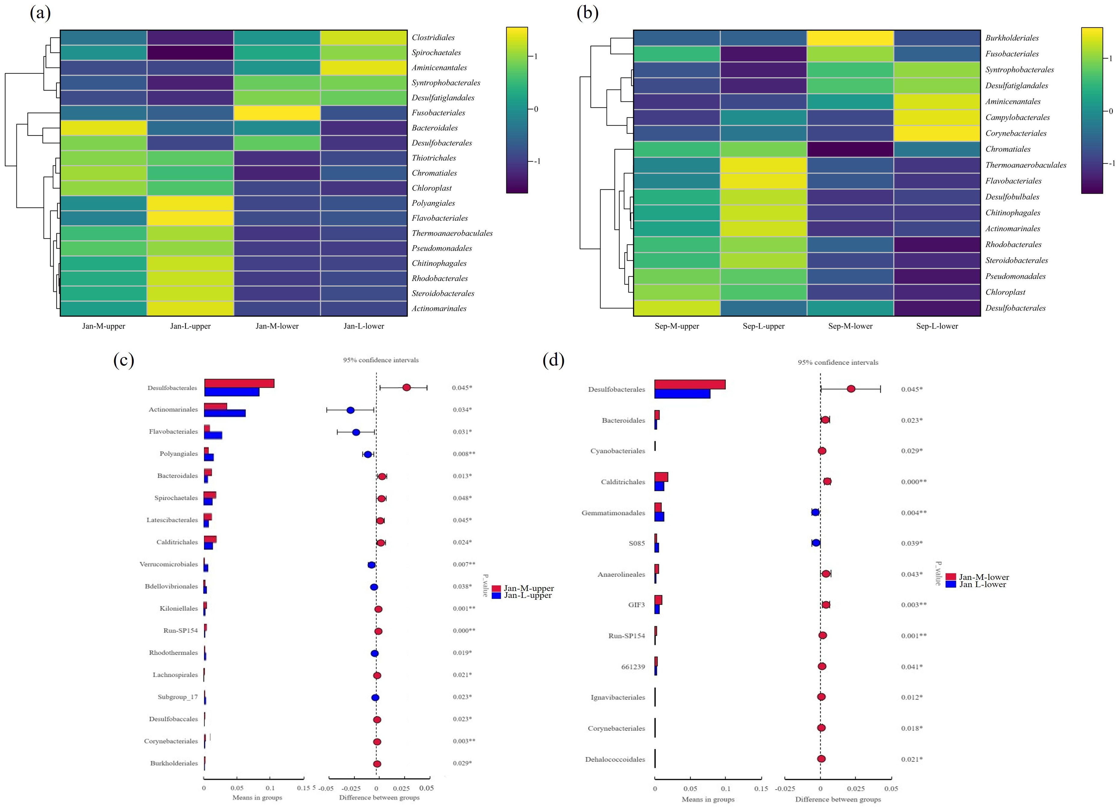 Four-panel image depicting bacterial order analysis. Panel (a) and (b) are heatmaps showing abundance of different bacterial orders across sample groups for January and September, with color gradient from purple to yellow. Panel (c) and (d) are bar and dot plots displaying means, differences, and confidence intervals of bacterial order presence across groups for January, highlighting significant differences with red and blue bars.