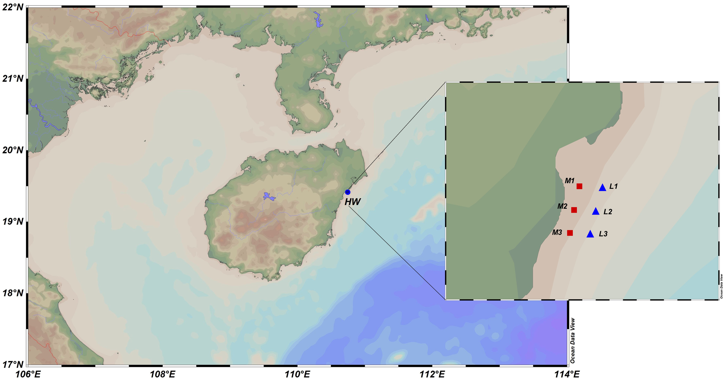 Map highlighting a coastal region with elevation details. It shows latitude from seventeen degrees North to twenty-two degrees North and longitude from one hundred six degrees East to one hundred fourteen degrees East. There is an inset zoom on a section with markers labeled M1 to M3 in red squares and L1 to L3 in blue triangles. A blue dot labeled HW is marked on the main map.