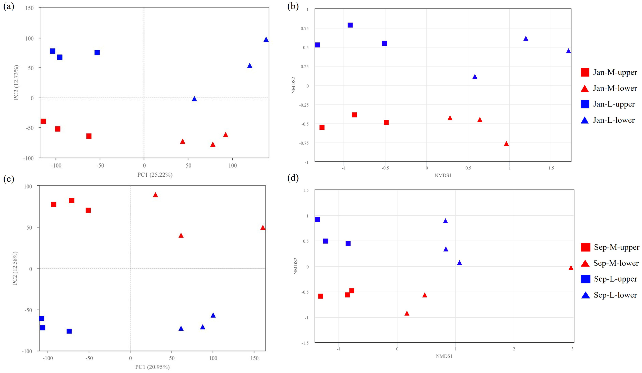 Four scatter plots showing PCA and NMDS analyses for different groups. (a) PCA with PC1 and PC2 percentages for January groups; red squares and triangles for upper and lower groups, blue squares and triangles for the same. (b) NMDS chart for January groups with similar color and shape coding. (c) PCA for September groups with similar layout and coding; (d) NMDS chart for September groups with analogous color and shape representations.