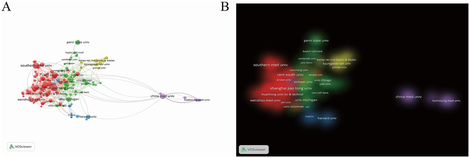 Two network visualizations labeled A and B created using VOSviewer. Visualization A shows clusters of interconnected universities with colors differentiating groups. Visualization B displays the same structure with a dark background, highlighting the clusters and text more prominently.