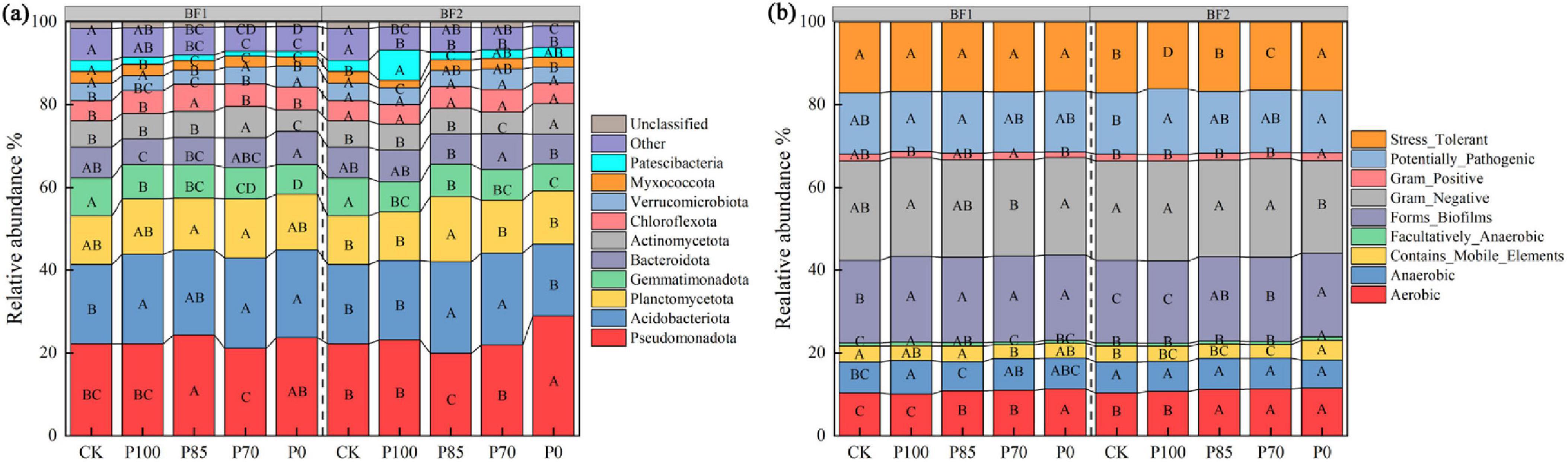 Side-by-side bar charts labeled (a) and (b) show the relative abundance percentages of microbial communities. Chart (a) categorizes by phyla such as Pseudomonadota and Actinomycetota, while chart (b) categorizes by functional traits like Gram Positive and Aerobic. Both charts include multiple bars with color coding and annotations to indicate significant differences across conditions CK, P100, P85, P70, and P0. The legend on the right provides color keys for each category.
