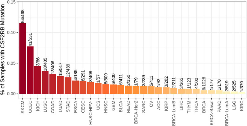 Bar chart showing the percentage of samples with CSF2RB mutation across various cancer types. SKCM has the highest at approximately 11.5%, followed by UCEC, KICH, LUSC, and others with decreasing percentages. Each bar is labeled with the sample ratio.