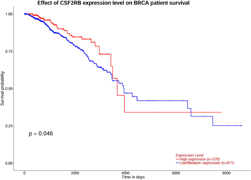 Kaplan-Meier survival curves show the effect of CSF2RB expression levels on BRCA patient survival. High expression (red, n=270) and low/medium expression (blue, n=811) are compared over time in days. The high expression group shows better survival probabilities. The p-value is 0.046.