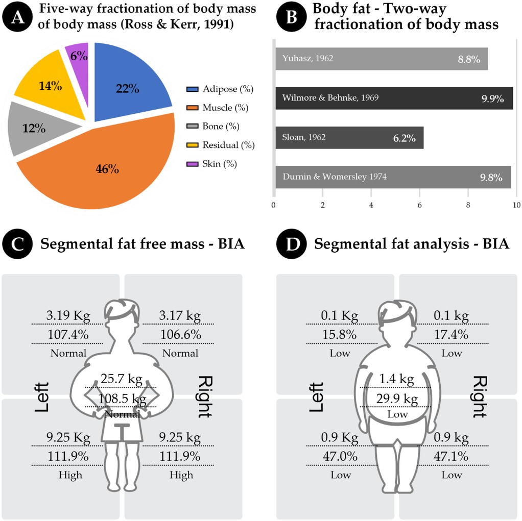 Pie chart (A) illustrates the five-way fractionation of body mass into adipose tissue, muscle, bone, residual mass, and skin, with skin mass representing the smallest fraction and muscle mass the largest. Bar graph (B) presents body fat estimates derived from two-way fractionation using different equations. Segmental fat-free mass analysis (C) depicts the percentage distribution across body parts, while segmental fat analysis (D) shows low fat percentages in a similar body diagram. All graphs (A-D) display data collected on 29 November 2023, ten days before the fight, during the body mass reduction phase.