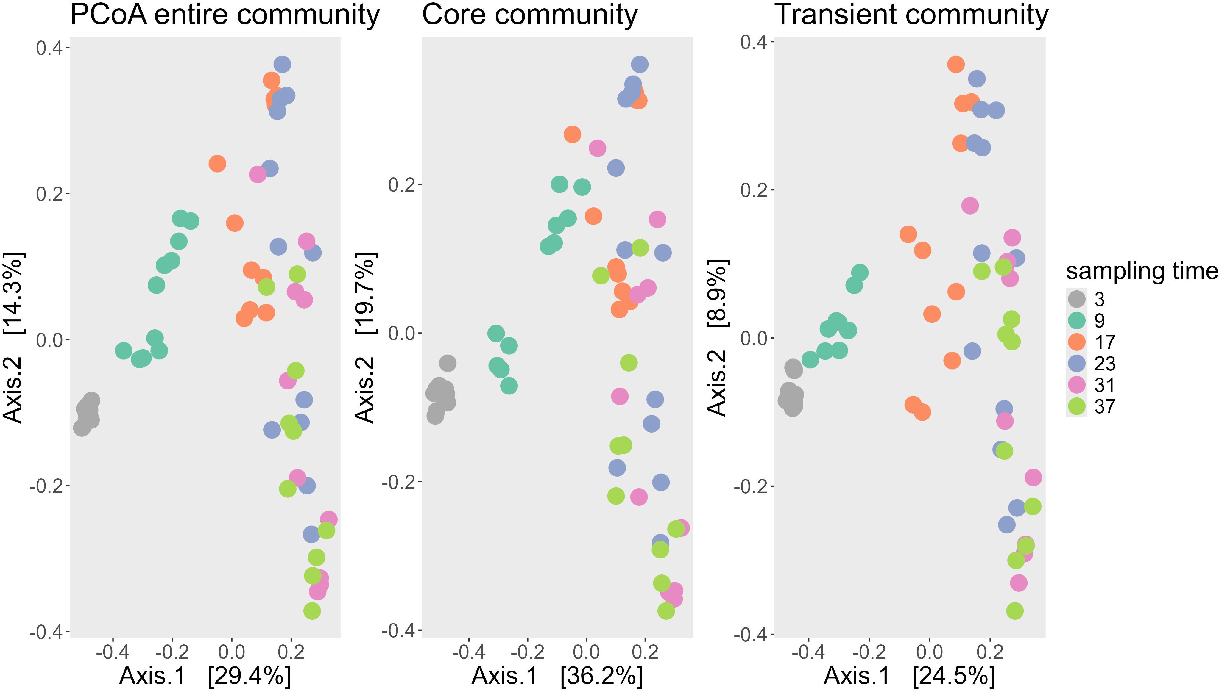 Principal Coordinates Analysis (PCoA) plots show the distribution of community structures across three panels: entire, core, and transient communities. Each panel includes colored dots representing sampling times, with Axis.1 and Axis.2 showing variance percentages. The sampling times, indicated by colors, are gray (3), green (9), orange (17), blue (23), pink (31), and light green (37).