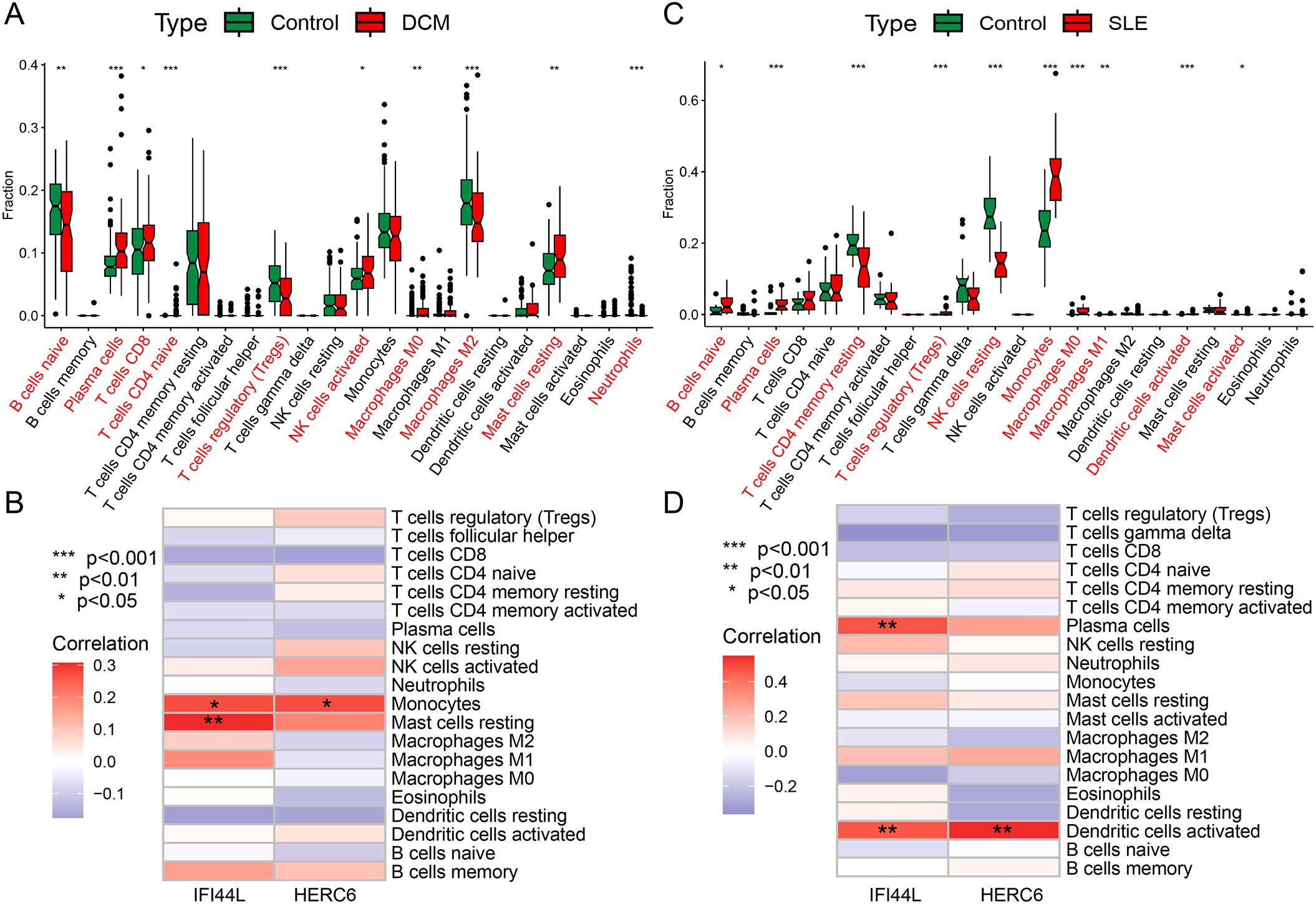 Box plots and heatmaps comparing immune cell fractions and correlations. Panels A and C show box plots of various cell types for Control versus DCM and SLE groups, respectively, with significant differences indicated. Panels B and D present heatmaps of correlation data for specific proteins (IFI44L, HERC6) and immune cells, with significant correlations highlighted.