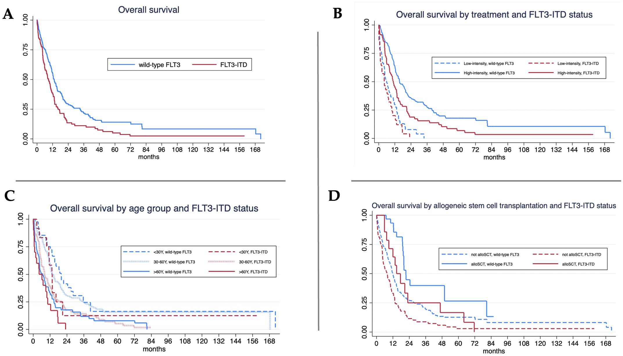 Four line graphs compare overall survival in months against various factors and FLT3-ITD status. Graph A shows survival for wild-type FLT3 versus FLT3-ITD. Graph B compares survival by treatment intensity and FLT3-ITD status. Graph C displays survival by age groups and FLT3-ITD status. Graph D presents survival by allogeneic stem cell transplantation and FLT3-ITD status. Survival generally decreases over time across all graphs.