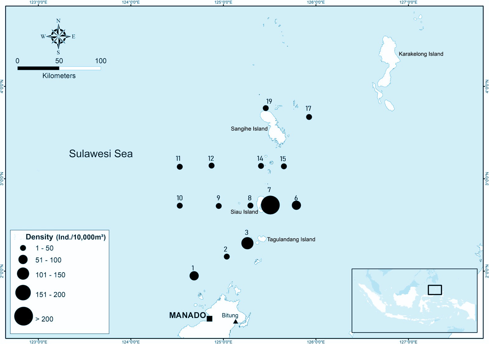Map of the Sulawesi Sea showing islands: Sangihe, Siau, Tagulandang, and Karakelong. Circles represent density, with larger circles indicating higher densities. A scale and compass are included.