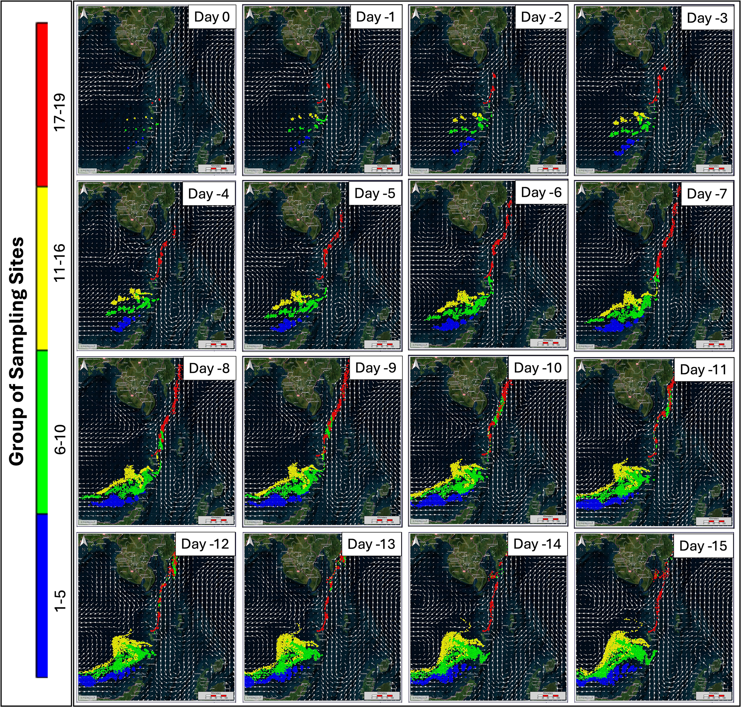 Grid of sixteen maps showing oceanographic sampling sites over fifteen days with varying color-coded groups. Each map, labeled from Day 0 to Day -15, displays site distributions near coastal regions. Colors range from blue to red, indicating groups from 1-5 to 17-19.