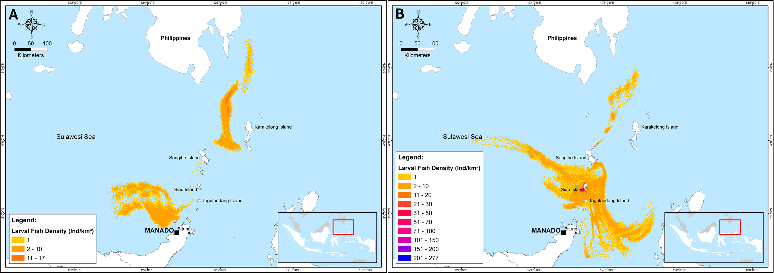 Maps displaying larval fish density in the Sulawesi Sea, north of Sulawesi, Indonesia. Panel A shows density using yellow to orange shades for 1 to 17 individuals per square kilometer. Panel B extends the density range with additional shades to indicate up to 277 individuals per square kilometer. Key locations like Manado and islands such as Sangihe and Karakelong are labeled. An inset map shows the region's location in Indonesia.