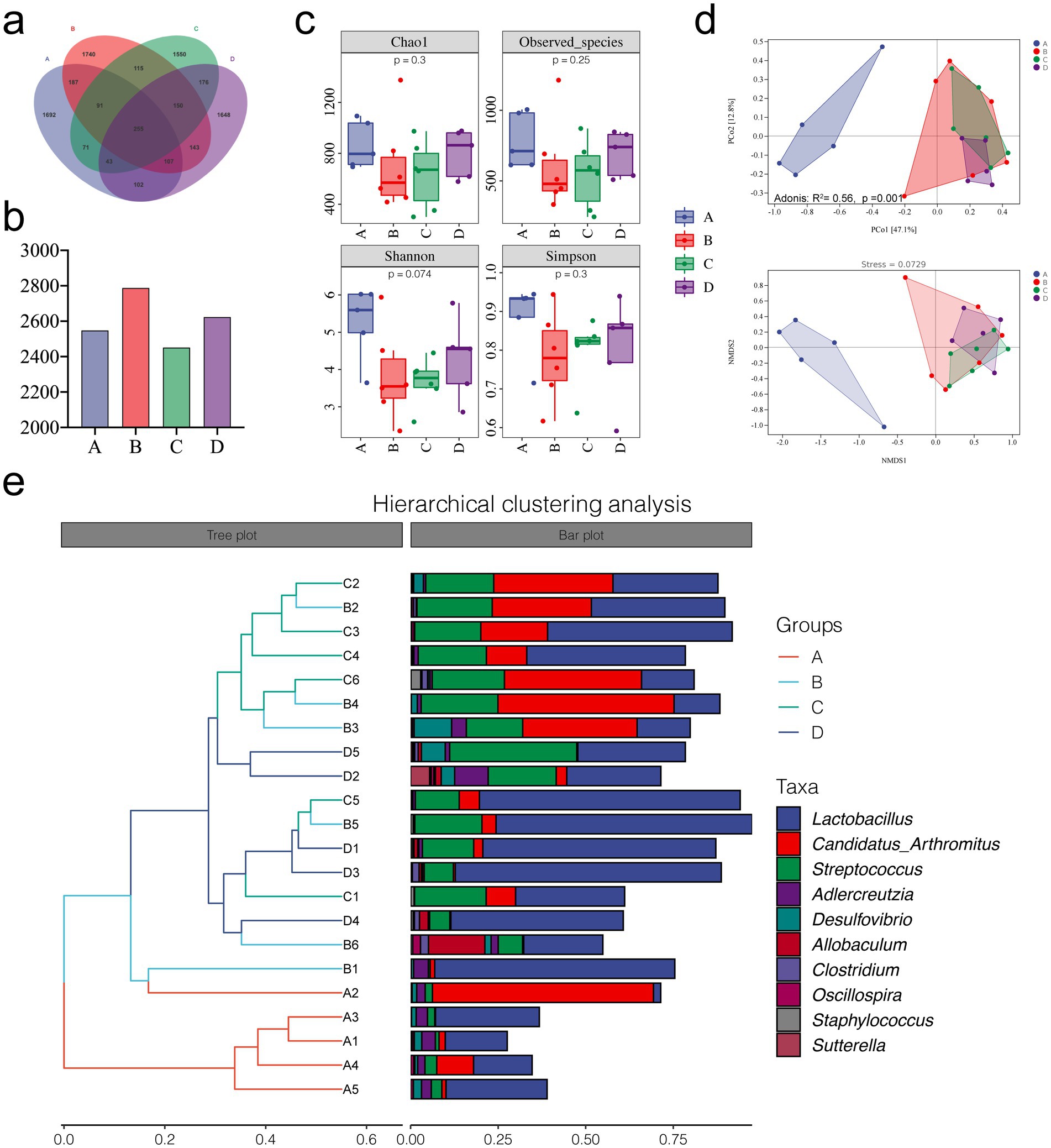 Five-panel image showing microbiome data analysis. Panel a: Venn diagram with overlapping sections for groups A, B, C, D. Panel b: Bar chart comparing values for groups A, B, C, D. Panel c: Box plots for four metrics—Chao1, Observed species, Shannon, and Simpson—across groups. Panel d: Two scatter plots displaying PCoA and NMDS analyses, illustrating data distribution for the groups. Panel e: Hierarchical clustering analysis with a dendrogram and corresponding bar plot, displaying relative abundance of different taxa across samples.