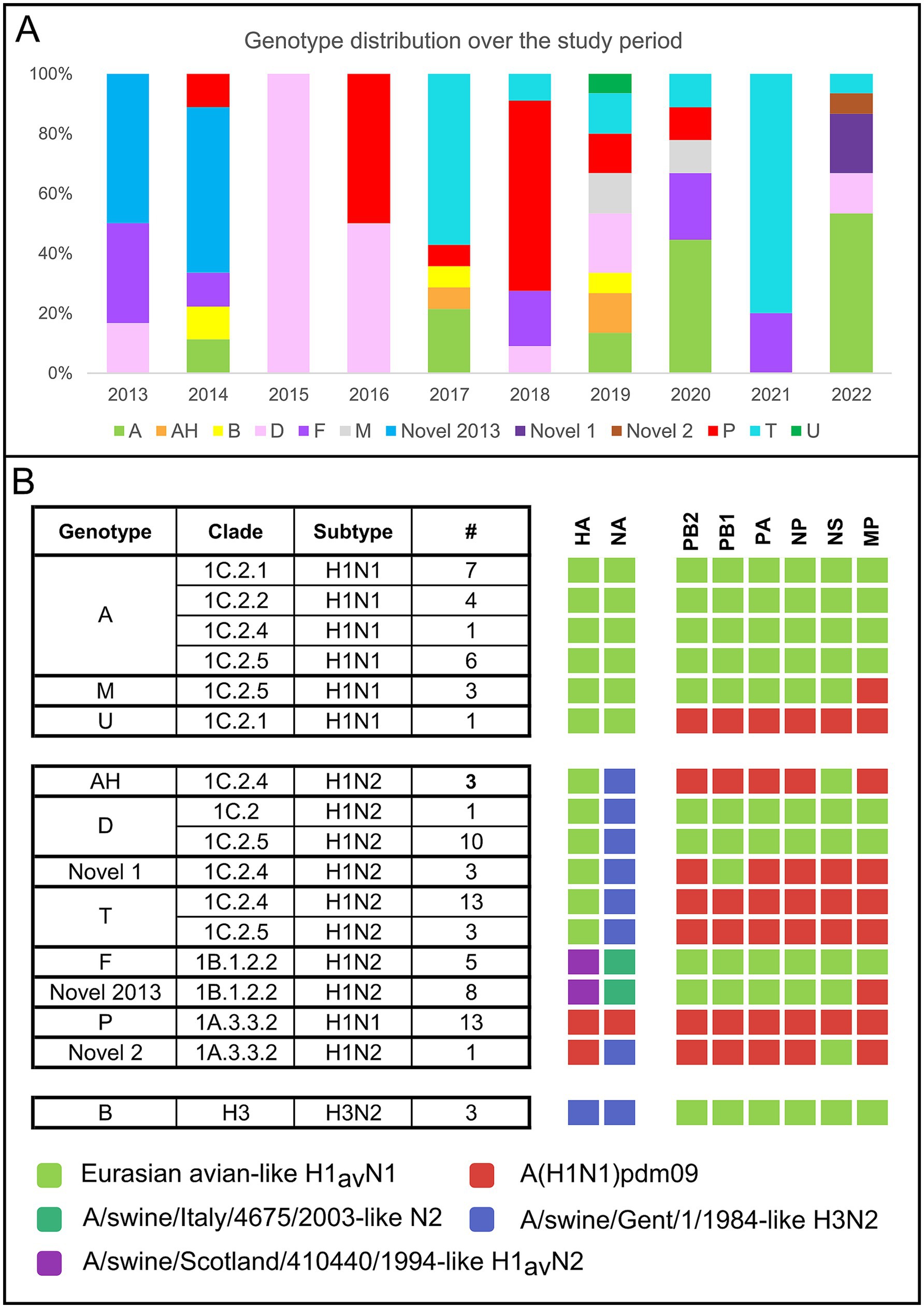 Bar chart and table showing genotype distribution from 2013 to 2022. The chart illustrates various genotypes over time identified with different colors. The table lists genotype details, clades, subtypes, and their frequencies. For each genotype, eight colored boxes are displayed on the right representingthe genetic constellation with colors indicating the lineage of origin.