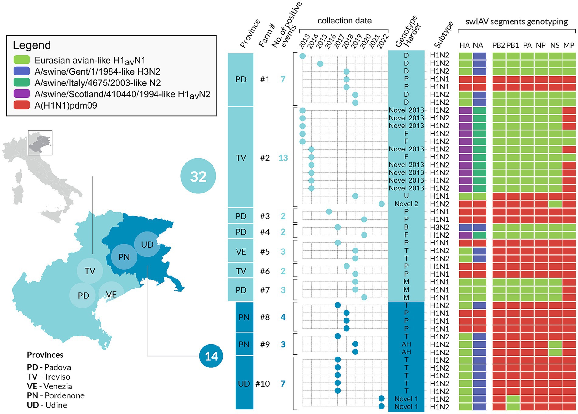 Map of Northern Italy with provinces marked: Padova (PD), Treviso (TV), Venezia (VE), Pordenone (PN), Udine (UD), showing data points for swine influenza virus occurrences by year and subtype. A genotype chart to the right classifies segments of swIAV genotypes using eight color-coded blocks corresponding to the eight gene segments. The chart shows a distribution timeline from 2014 to 2022 and corresponding genotypes.