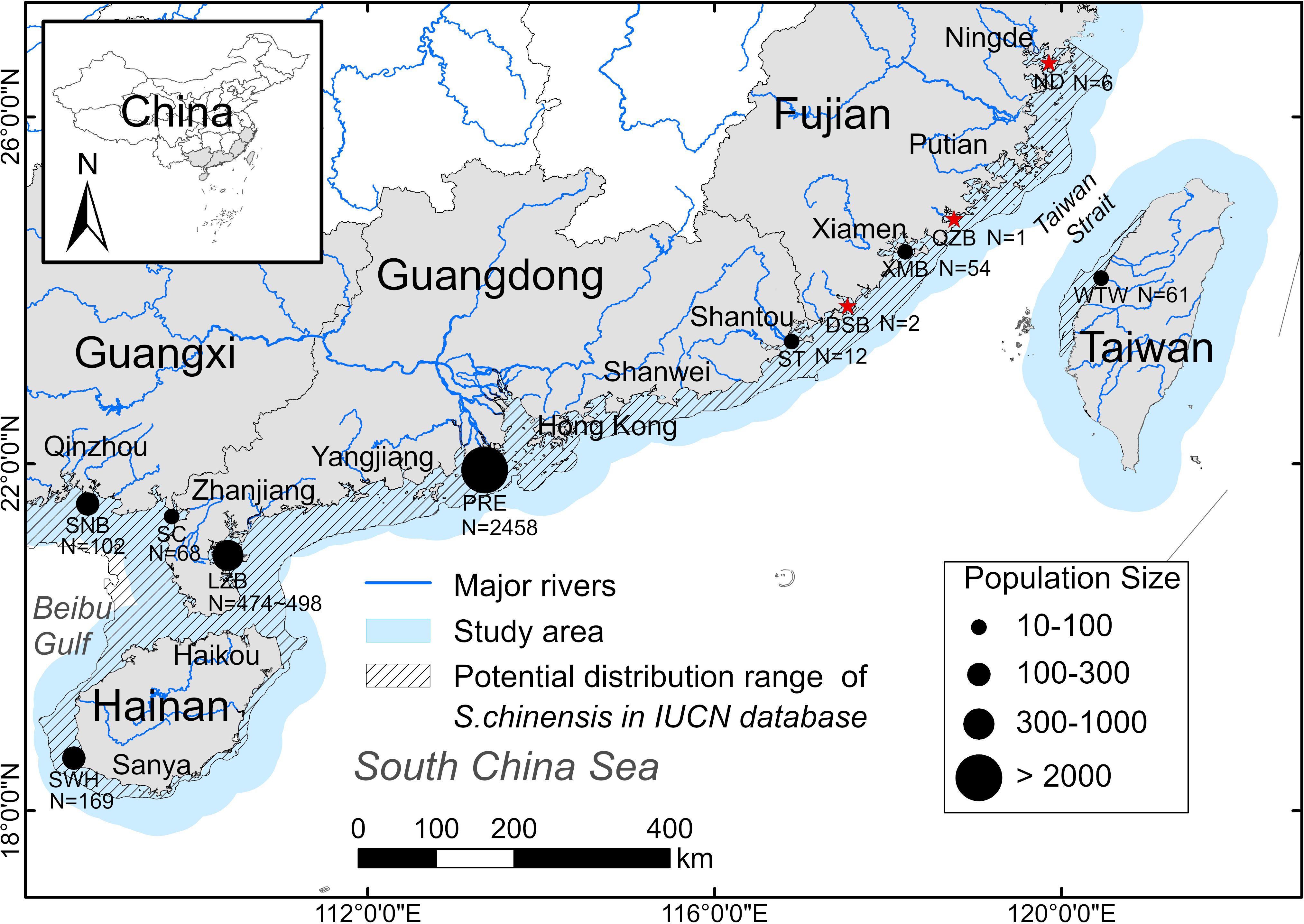 Map of distribution range and population sizes of known S. chinensis in coastal waters along southeast China. Population sizes arerepresented by circle sizes with larger circles indicating greater populations. Study areas and the regions like Fujian, Guangdong, Guangxi, Hainan and the Taiwan are highlighted. A scale bar shows distances in kilometers.
