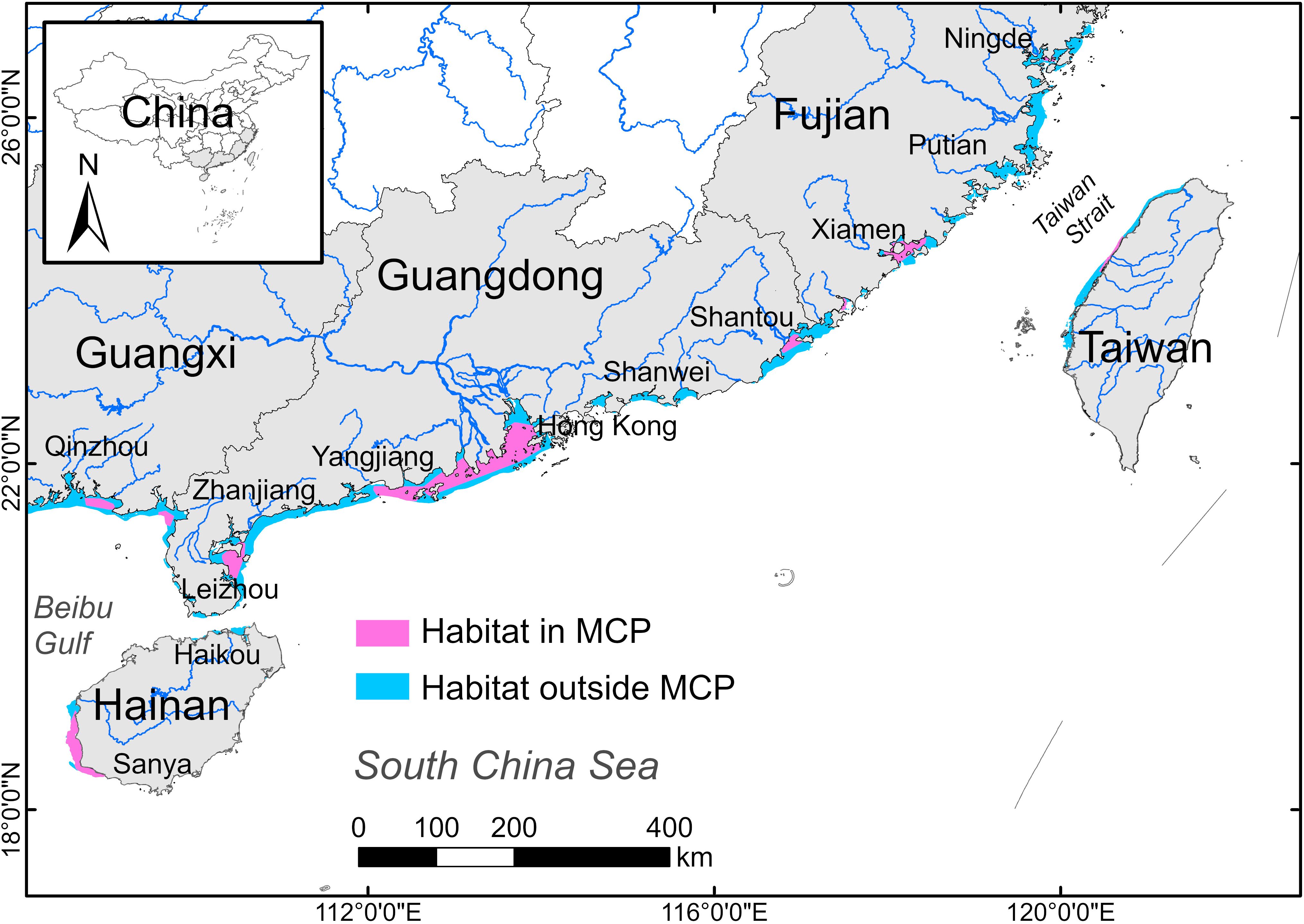 Map of baseline suitable habitats for S. chinensis along southeast China, highlighting habitats in and outside the MCP. Pink areas indicate habitat in MCP, while blue indicates habitat outside MCP. Distribution areas include coastal waters along Fujian, Guangdong, Guangxi, Hainan, and western Taiwan. A scale bar shows distances in kilometers.