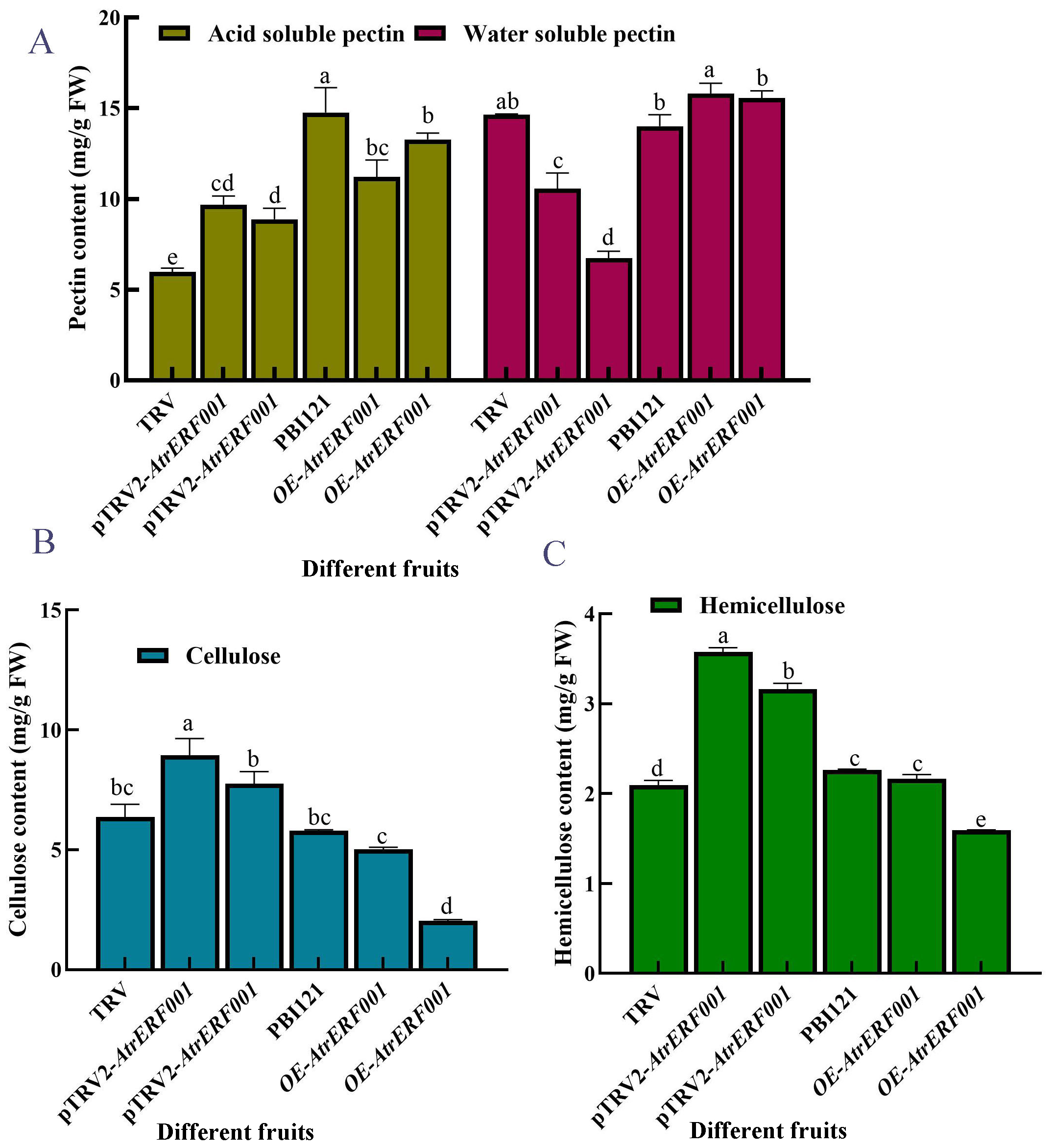 Three bar charts labeled A, B, and C. Chart A compares acid soluble and water soluble pectin content across six samples, displaying varying levels. Chart B shows cellulose content across the same samples, highlighting differences. Chart C presents hemicellulose content, with notable variation among samples. Statistical differences are indicated with letters above bars.