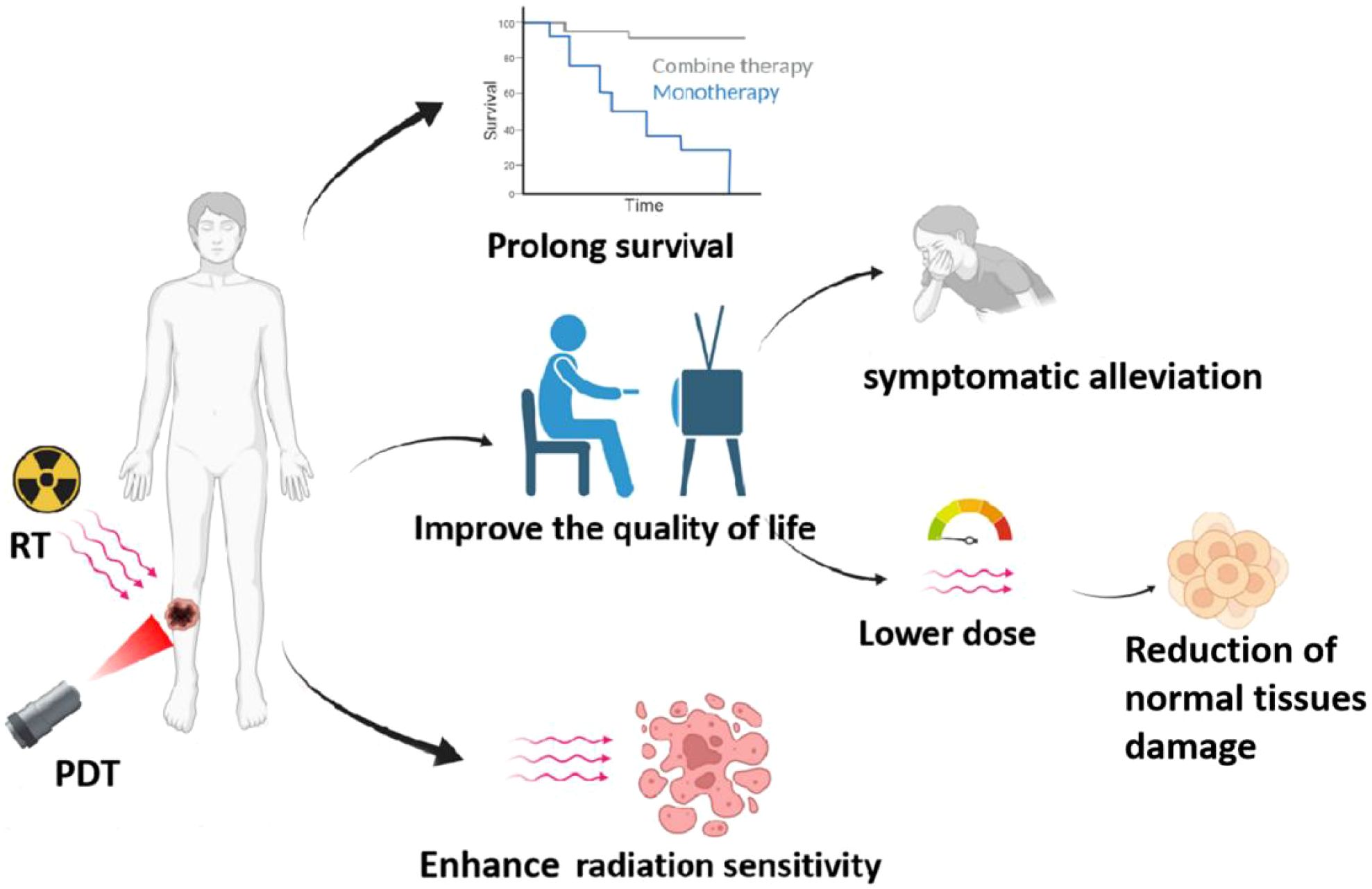 Diagram illustrating the effects of combined radiation therapy (RT) and photodynamic therapy (PDT) on a human figure. Arrows indicate benefits such as prolonging survival, symptomatic alleviation, improvement in quality of life, enhancement of radiation sensitivity, administration of a lower dose, and reduced normal tissue damage. A graph shows survival rates comparing combination therapy with monotherapy.