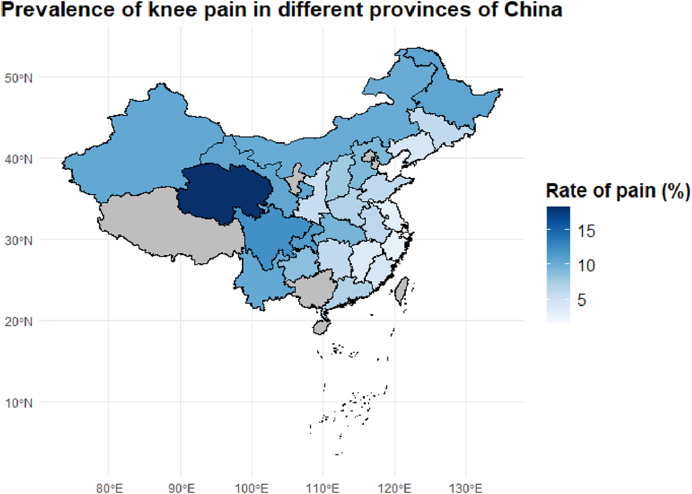 Map of China illustrating knee pain prevalence by province using shades of blue. Darker shades indicate higher rates, ranging from five percent to fifteen percent. A color scale on the right provides reference.