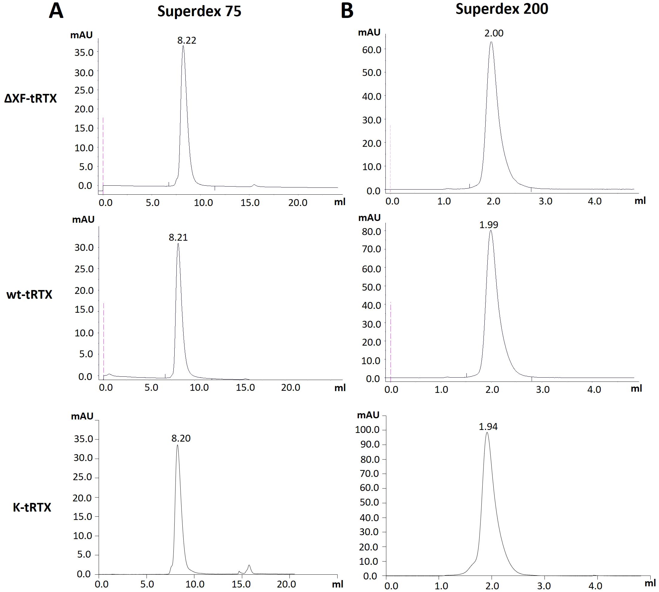 Chromatograms from the SEC analysis of purified antibodies from tobacco. The image shows six traces reported in three lines corresponding to three samples analyzed and obtained using two different columns namely A and B (resulting in two chromatograms from left to right in each line), each displaying a single major peak at a consistent retention time.