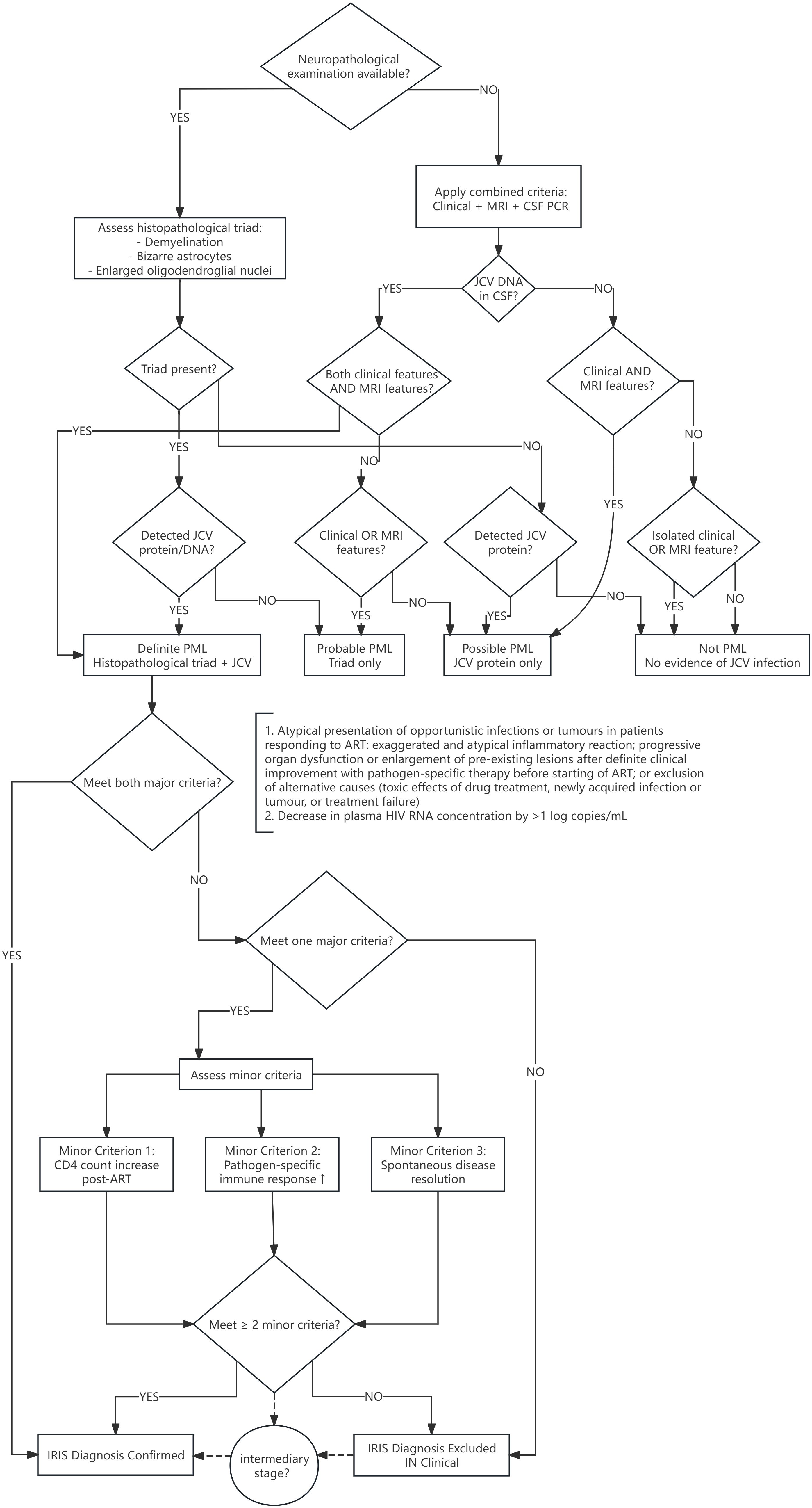 Flowchart for diagnosing Progressive Multifocal Leukoencephalopathy (PML) and Immune Reconstitution Inflammatory Syndrome (IRIS). It begins with determining the availability of a neuropathological examination. Depending on results from histopathological assessments or detection of JCV DNA in CSF, it suggests possible, probable, or definite PML. It proceeds to assess major and minor criteria for confirming or excluding IRIS diagnosis.
