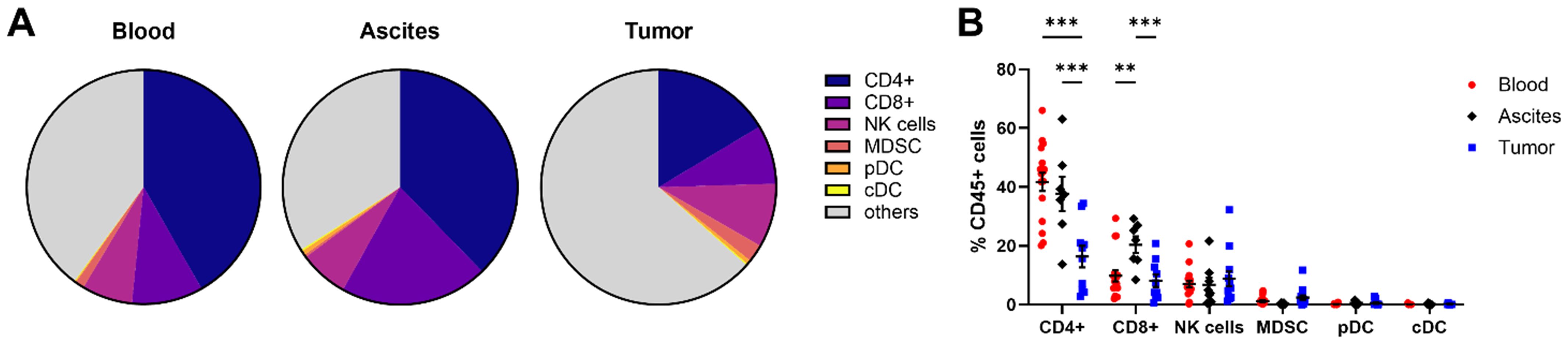 Three pie charts labeled Blood, Ascites, and Tumor show the distribution of CD4+, CD8+, NK cells, MDSC, pDC, cDC, and others. Key indicates each immune cell type with distinct colors. Adjacent is a dot plot showing the percentage of CD45+ cells across blood, ascites, and tumor samples, with significant differences marked by asterisks. Colors represent sample sources: red for blood, black for ascites, and blue for tumor.