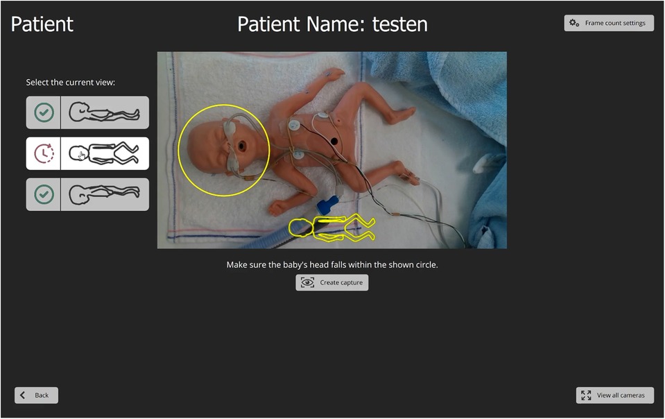 A mannequin of a baby with wires attached is lying on a blanket. A yellow circle is drawn around the baby's head. The interface shows selections for the current view, and instructions to ensure the head is within the circle. The text reads: \